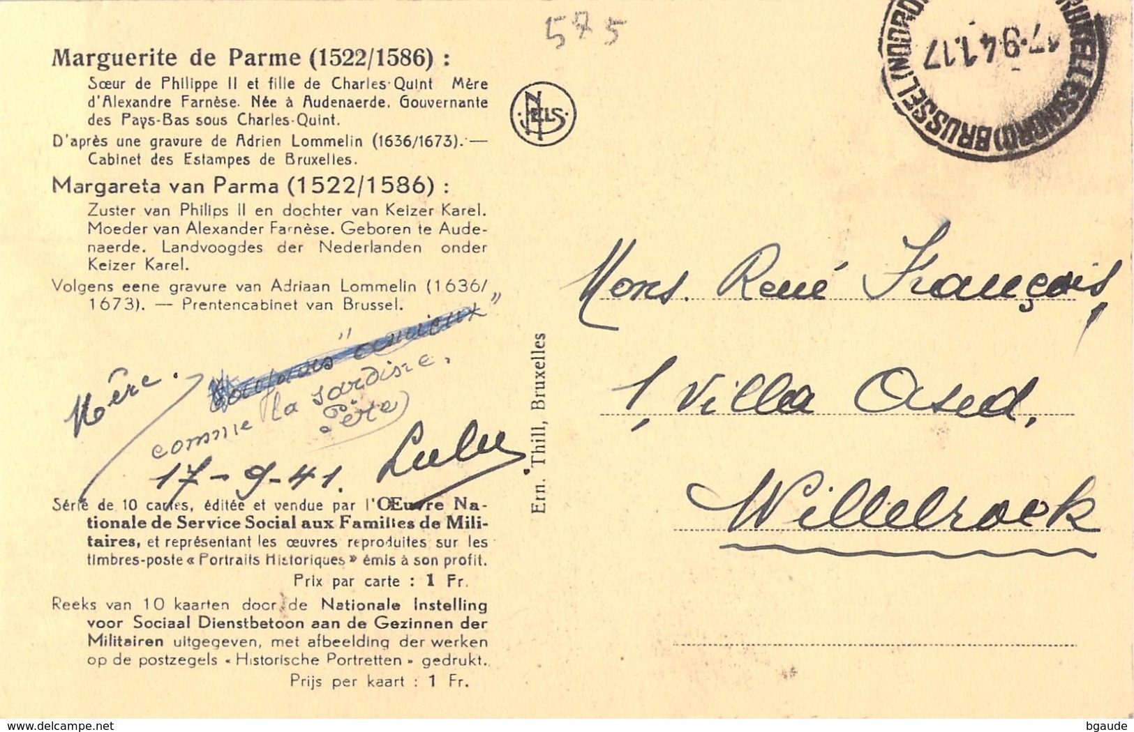 BELGIQUE CARTE MAXIMUM  NUM.YVERT 575 MARGUERITE DE PARME - 1934-1951