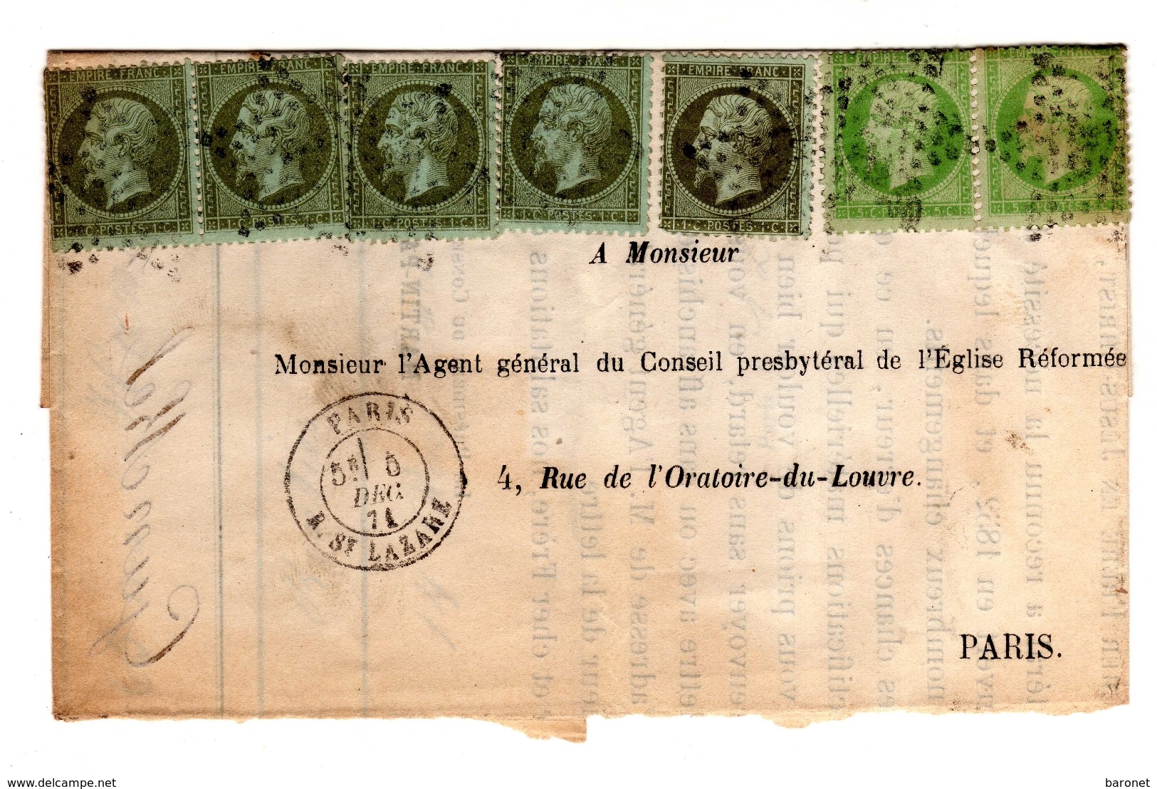 1c X 5 5c X 2 Napoléon III Dentelé S/ L T.P Ob étoile 2 + Cad PARIS R ST LAZARE Déc 71 Pour Paris - 1849-1876: Classic Period