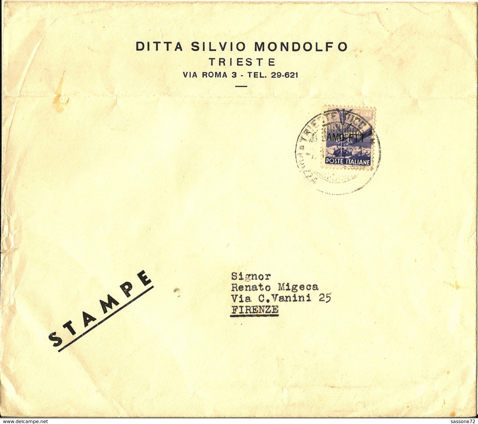 TRIESTE A. DEMOCRATICA £ 6 ISOLATO SU STAMPE PER FIRENZE. - Storia Postale