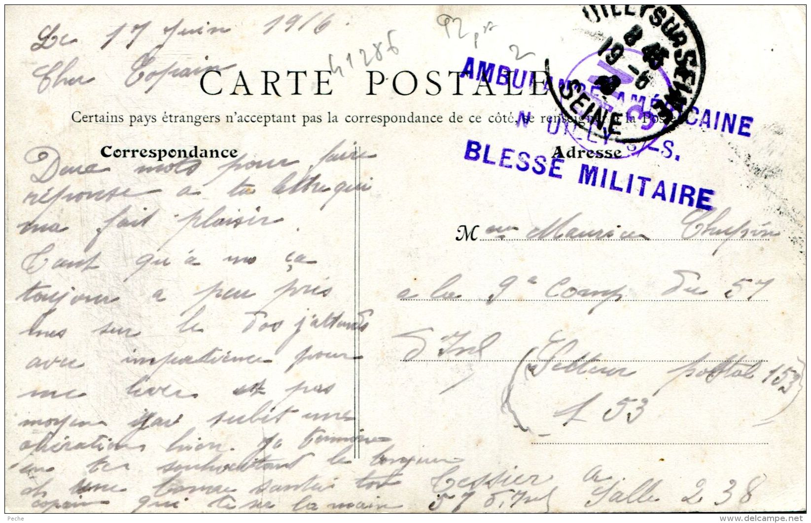 N°41286 -cachet Ambulance Américaine Neuilly -blessé Militaire- 1916 - Guerra De 1914-18