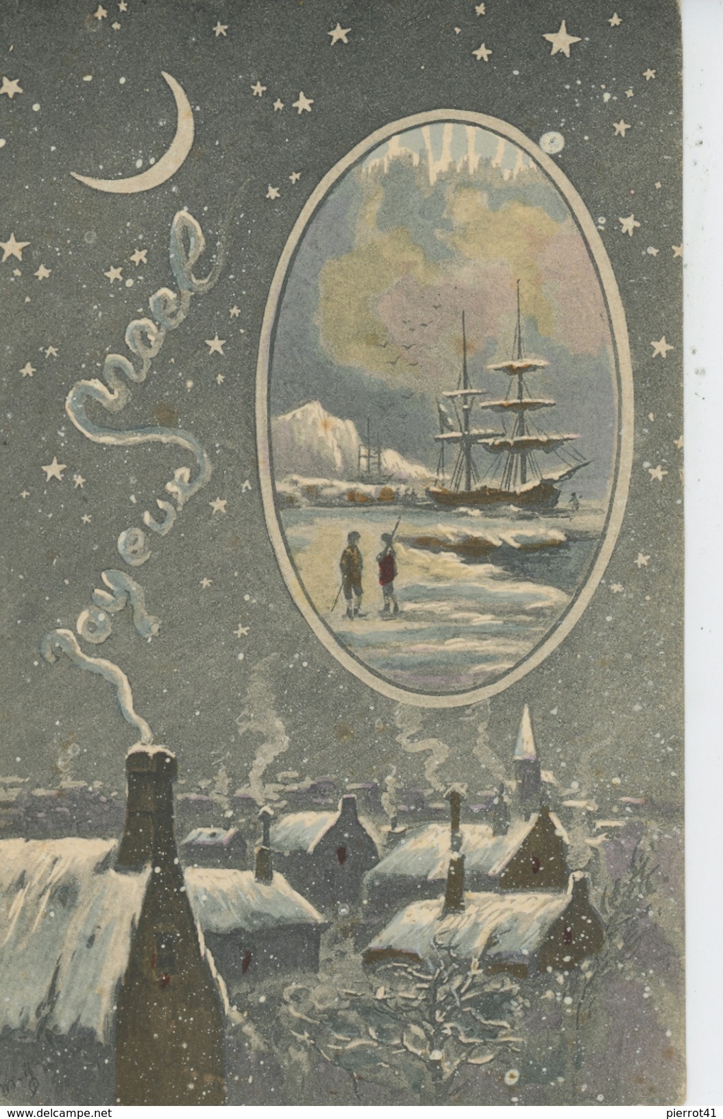 PAYSAGES - Jolie Carte Fantaisie Village Et Bateau étoile Croissant De Lune Effet Neige En Relief "JOYEUX NOEL " - Autres & Non Classés