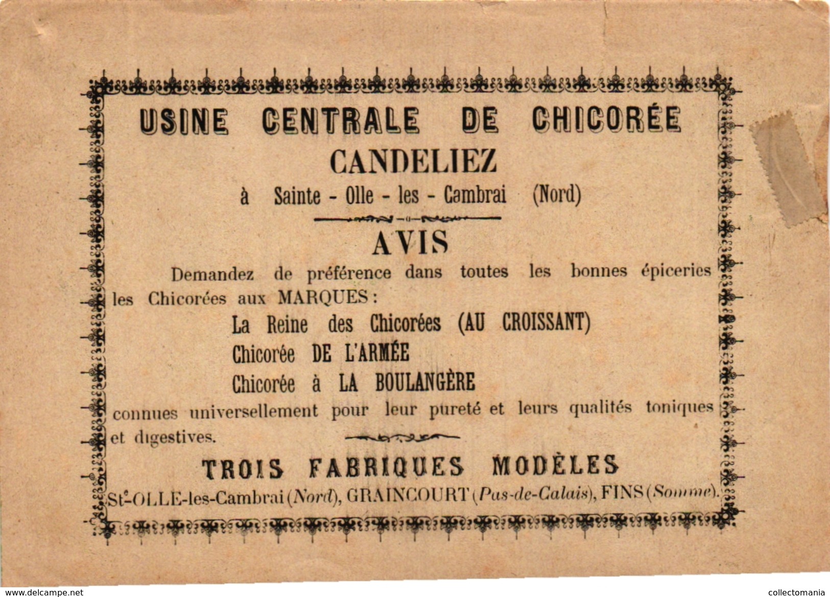 1 Card C1900 Pub Usine Centrale De CHICOREE  Candeliez  St Olle-les-Cambrai - Trading Cards