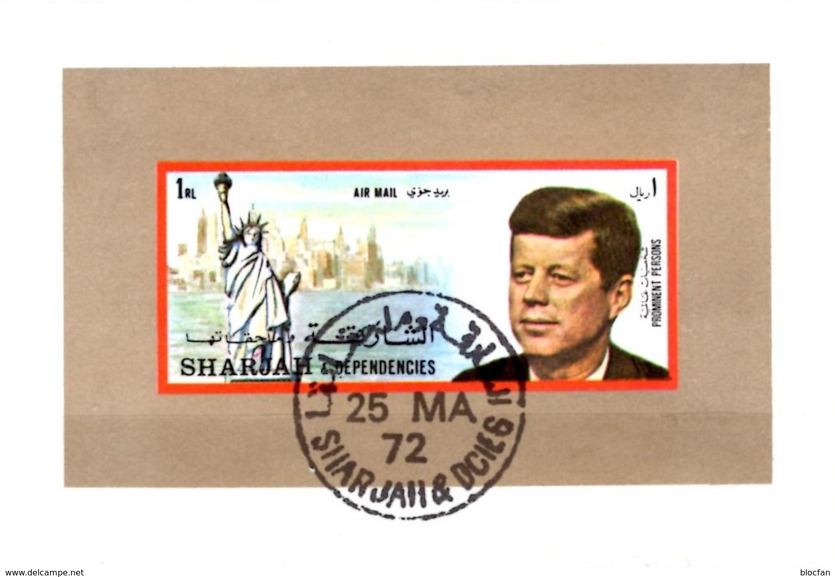 Präsident J.F.Kennedy 1972 Shardscha Block E 98 O 2&euro; Imperf. Liberty/Historie Hoja Bloc S/s History Ms Sheet Bf VAE - Denkmäler