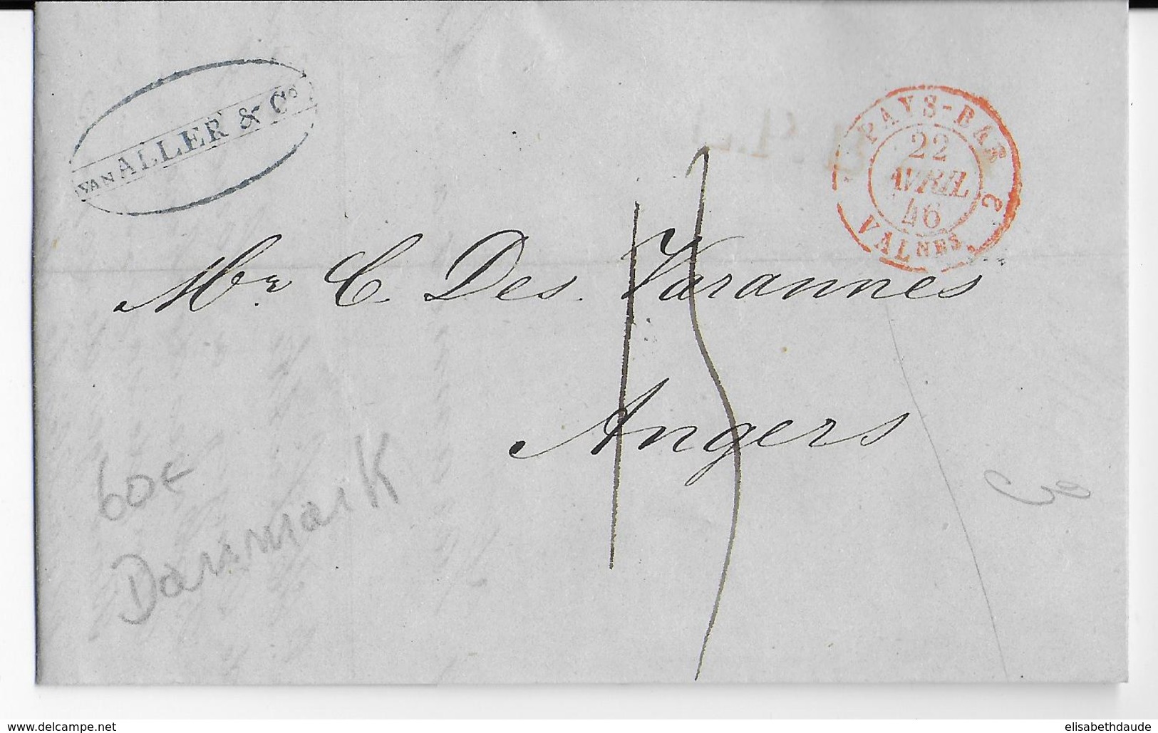 DANEMARK / PRUSSE - 1846 - LETTRE De ELSENEUR => ANGERS - ENTREE PAYS-BAS Par VALENCIENNES - ...-1851 Prephilately