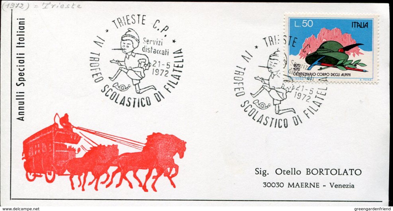 19090 Italia, Special Postmark 1972 Trieste  Trofeo Scolastico,  Pinocchio ! - Ohne Zuordnung