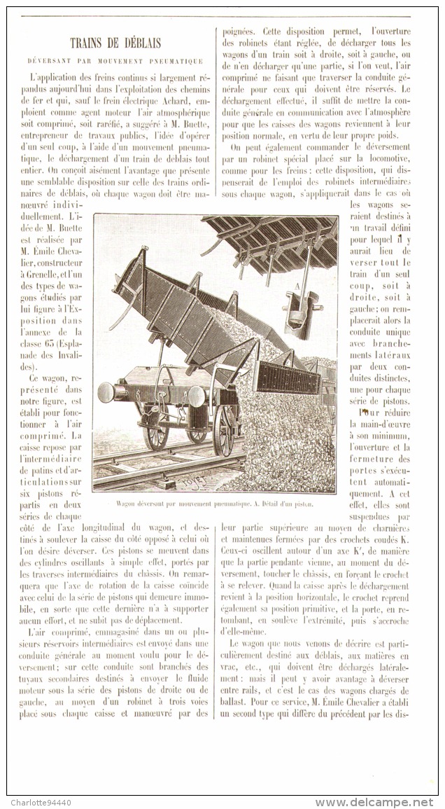 TRAINS DE DEBLAIS DEVERSANT PAR MOUVEMENT PNEUMATIQUE  1889 - Spoorweg