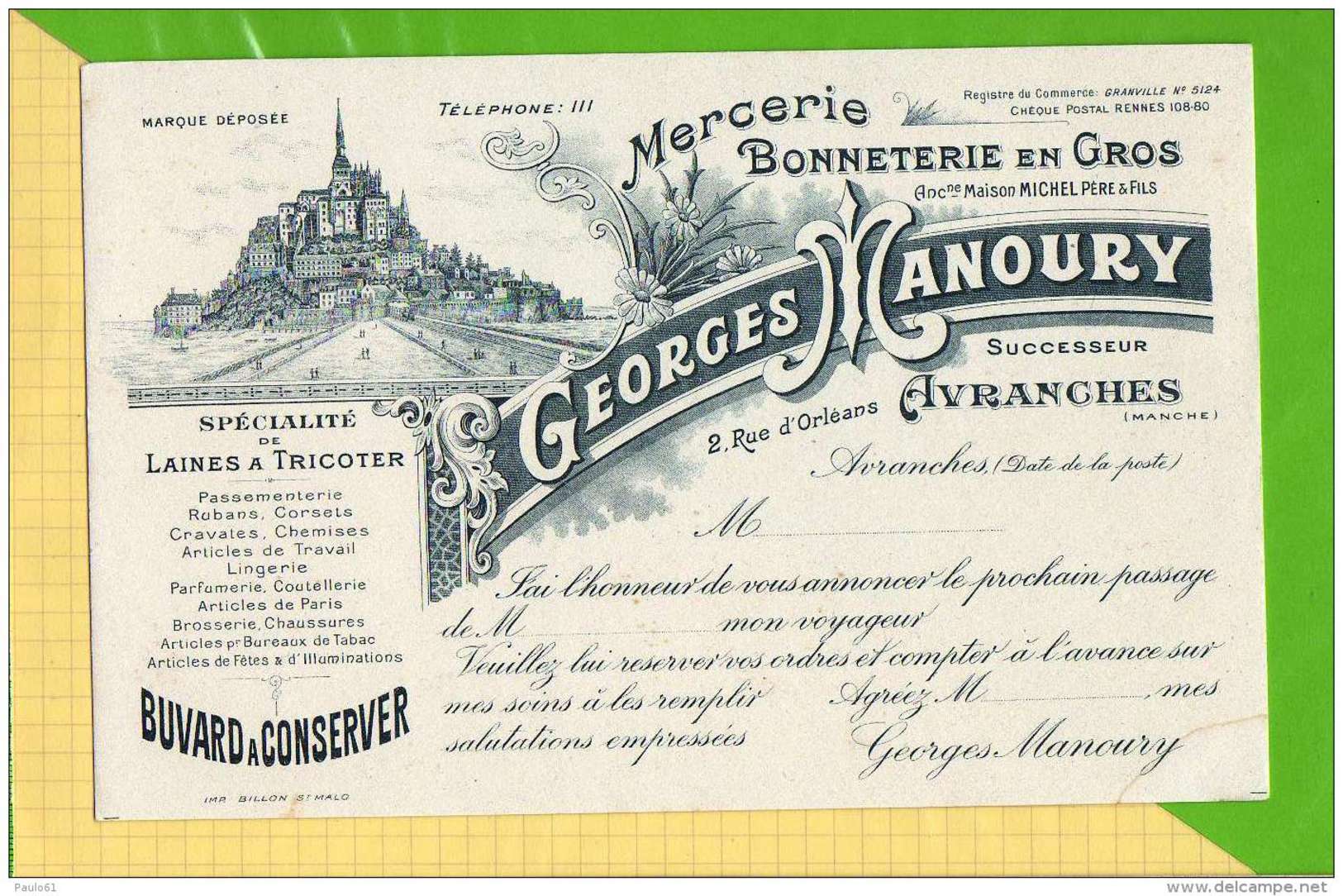 BUVARD @ Blotting Paper : Mercerie Bonneterie GEORGES MANOURY Avranches Mont St Michel - Kleidung & Textil