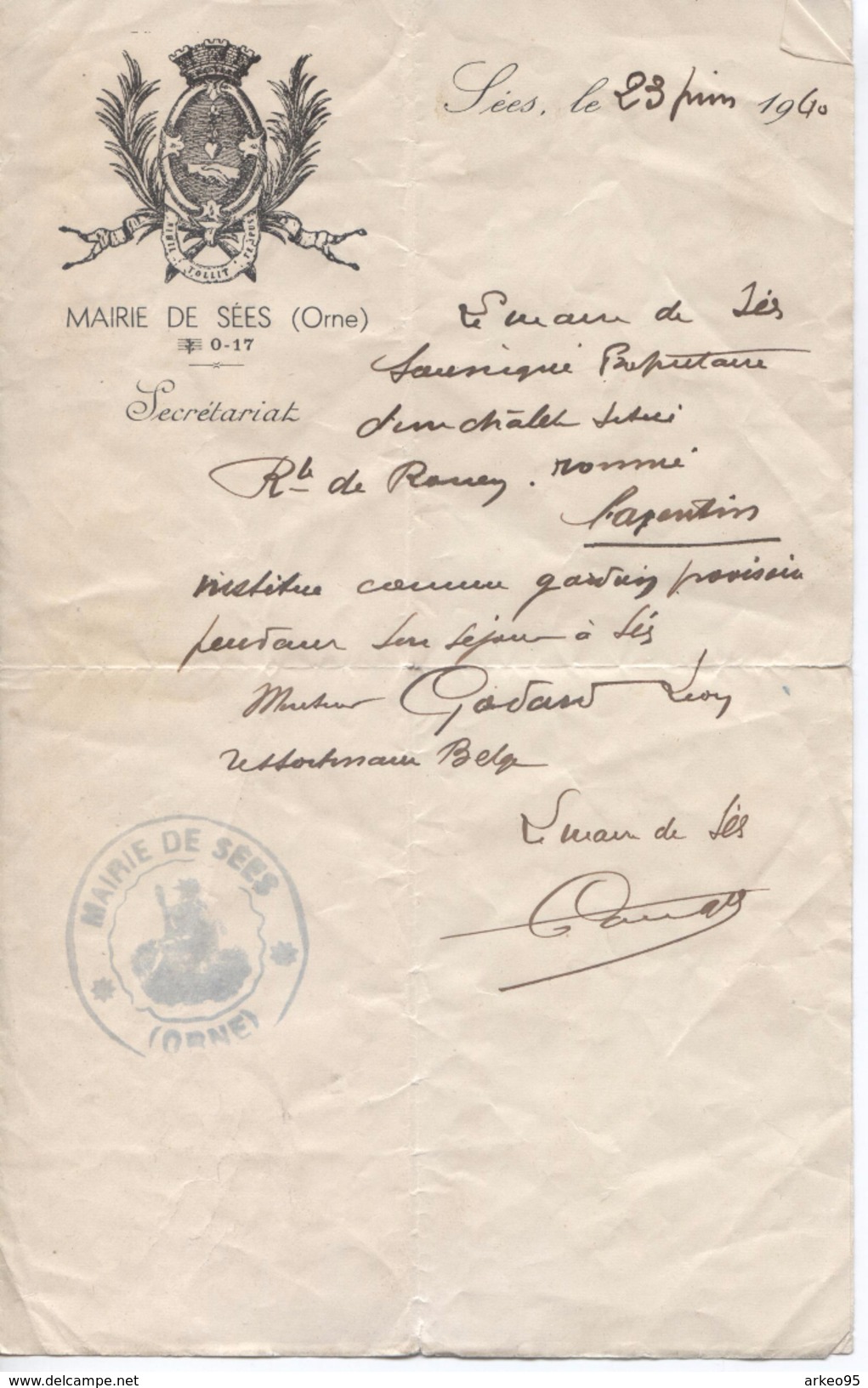 Lettre Du Maire De Sées, 23/6/1940 - Historical Documents