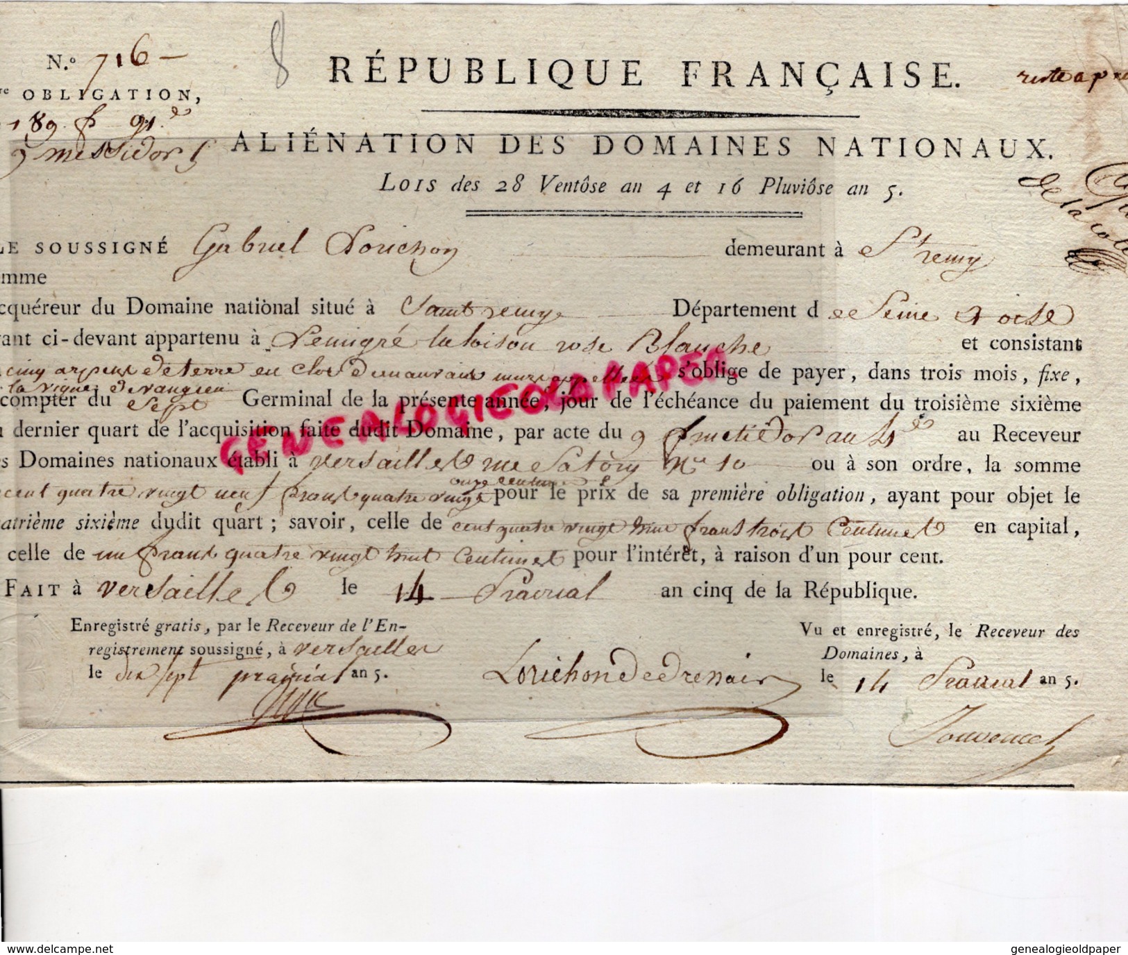 78 - VERSAILLES- OBLIGATION ALIENATION DOMAINES NATIONAUX- LORICHON DE SAINT REMY- 14 PRAIRIAL AN 5- LEMIGRE - RARE - Autres & Non Classés