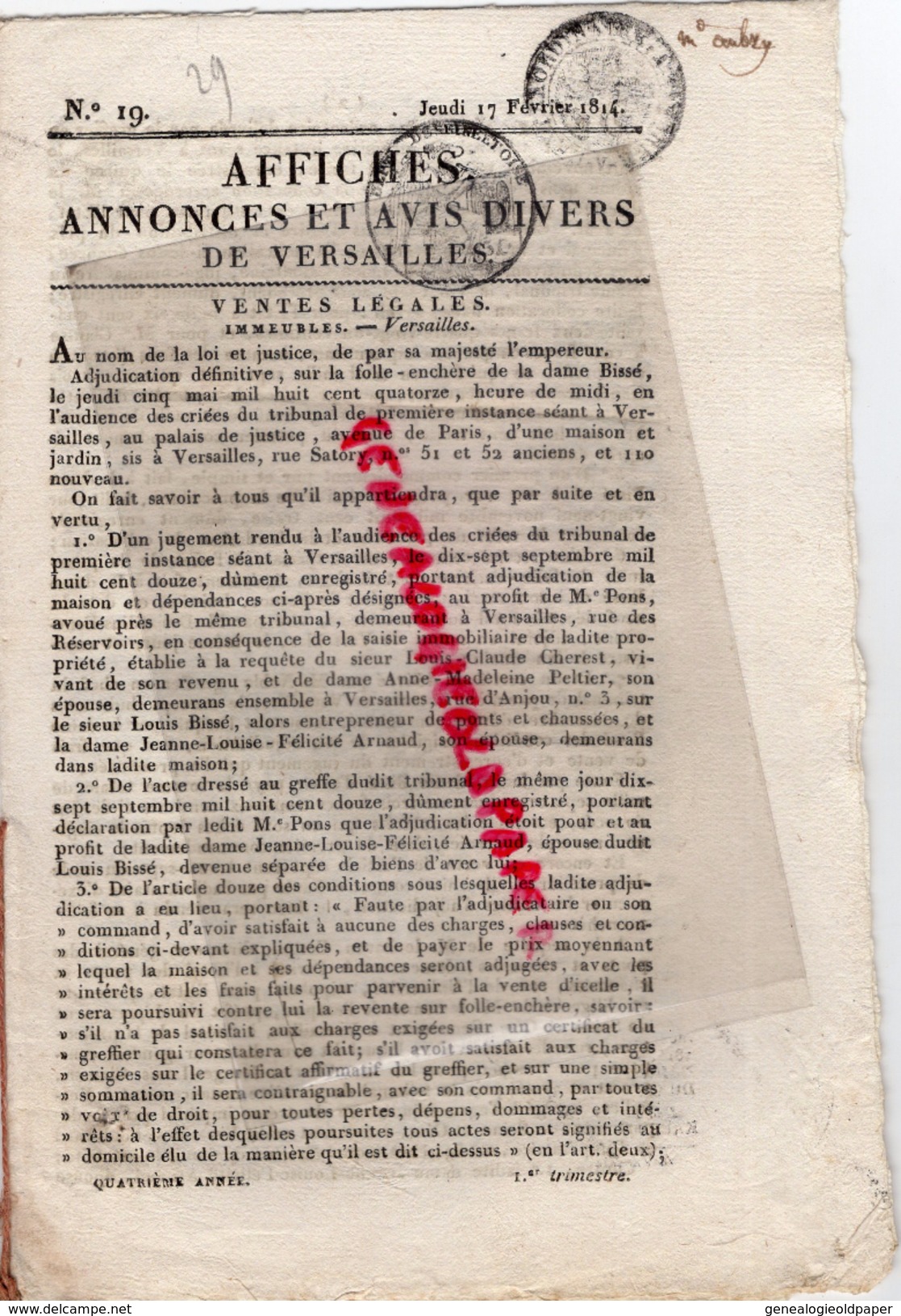 78 - VERSAILLES- AFFICHES ANNONCES ET AVIS DIVERS - 17 FEVRIER 1814- N° 19- CHEREST- MME PELTIER- LOUIS BISSE-ARNAUD- - Autres & Non Classés