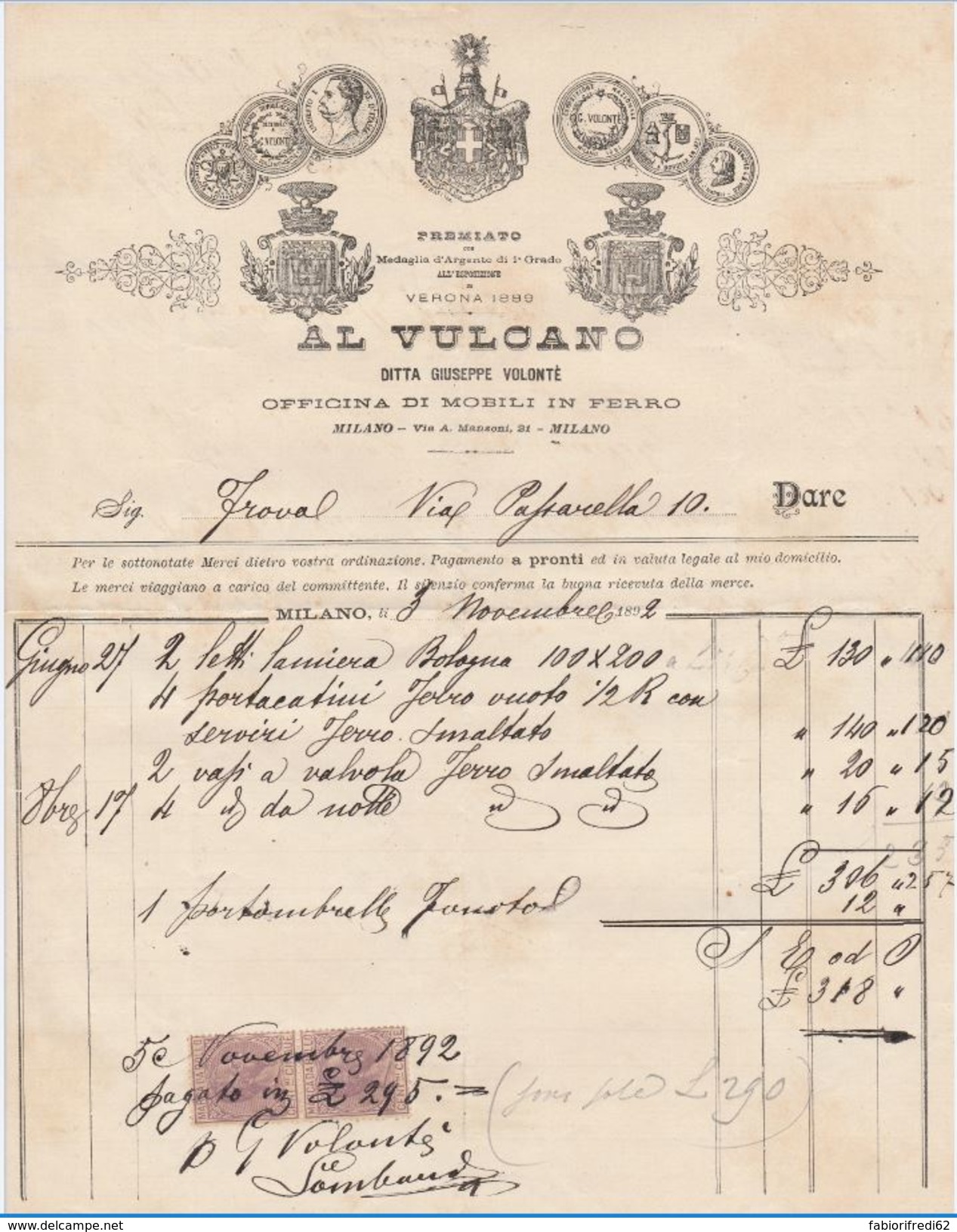 FATTURA 1892 AL VULCANO CON 2 MARCHE DA BOLLO (D119 - Italy