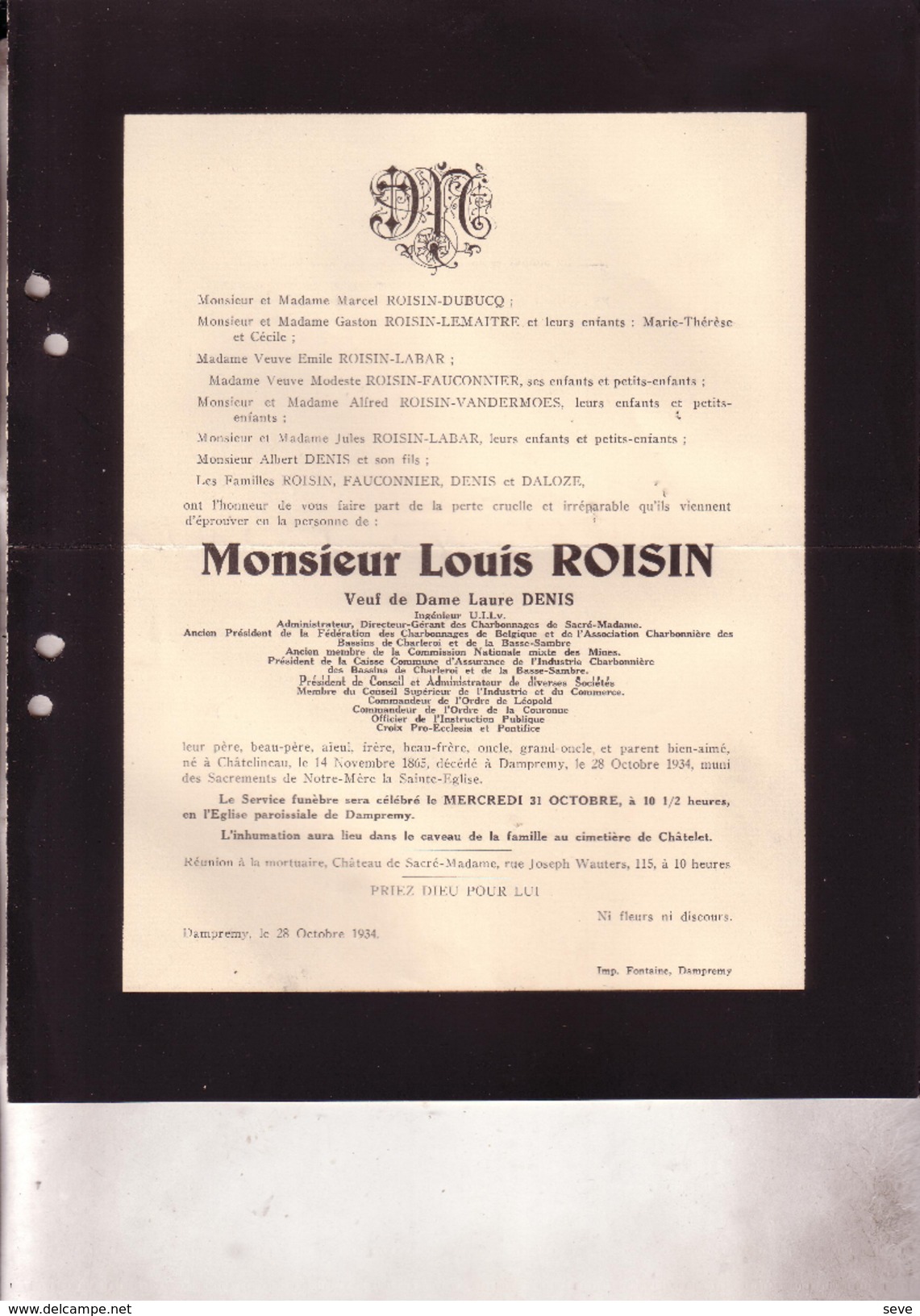 CHATELINEAU DAMPREMY Louis ROISIN Ingénieur 1865-1934 Administrateur Charbonnages De Sacré-Madame Association Charbon - Overlijden