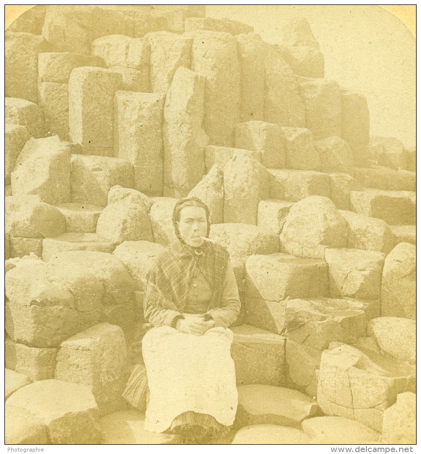 Irlande Giant's Causeway Wishing Chair Femme Ancienne Photo Stereo Underwood Jarvis 1887 - Stereoscopic