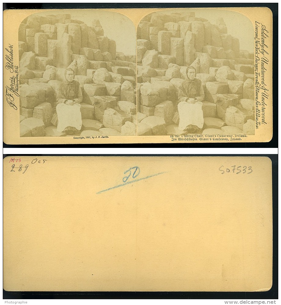 Irlande Giant's Causeway Wishing Chair Femme Ancienne Photo Stereo Underwood Jarvis 1887 - Stereoscopic