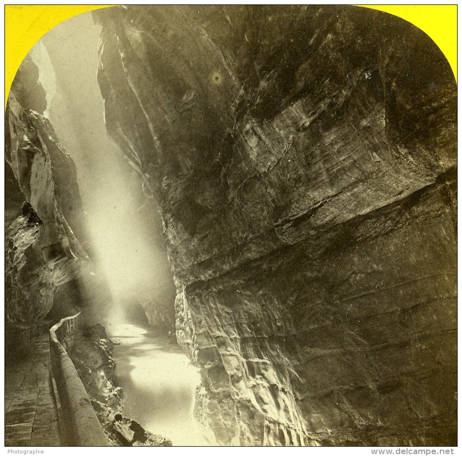 Suisse Alpes Ragaz Gorges De La Tamina Taminaschlucht Pfäfers Ancienne Photo Stereo Fetzer 1875 - Stereoscopic