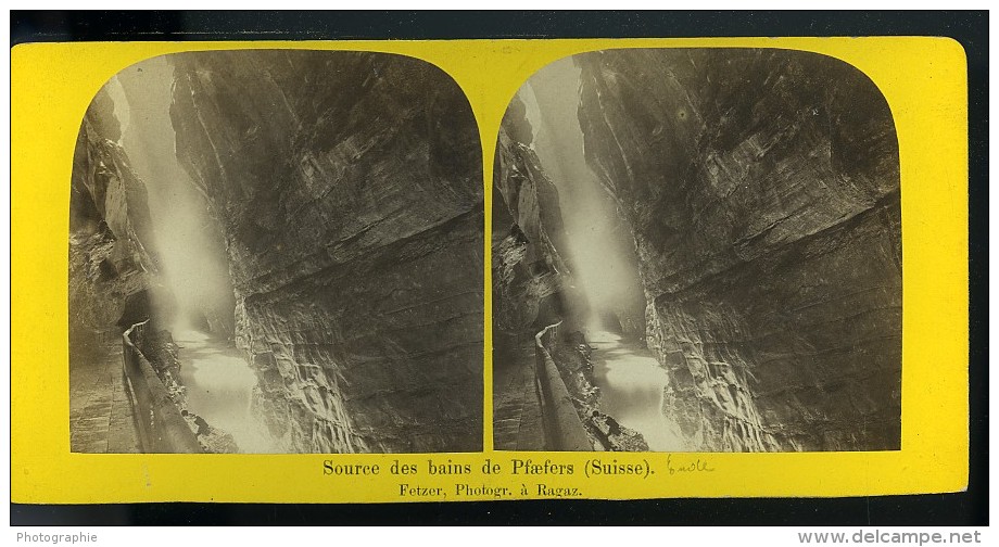 Suisse Alpes Ragaz Gorges De La Tamina Taminaschlucht Pfäfers Ancienne Photo Stereo Fetzer 1875 - Stereoscopic