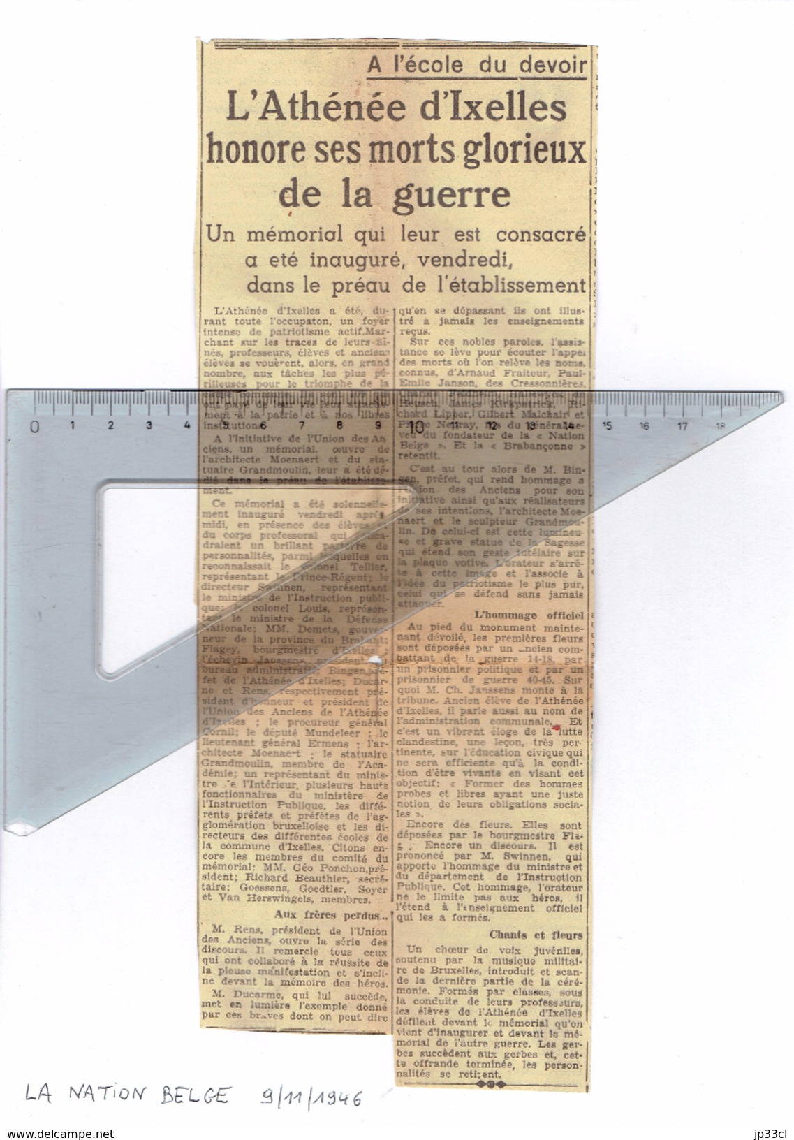 L'Athénée D'Ixelles Honore Ses Morts Glorieux De La Guerre (Article In La Nation Belge Du 9/11/1946) - Autres & Non Classés