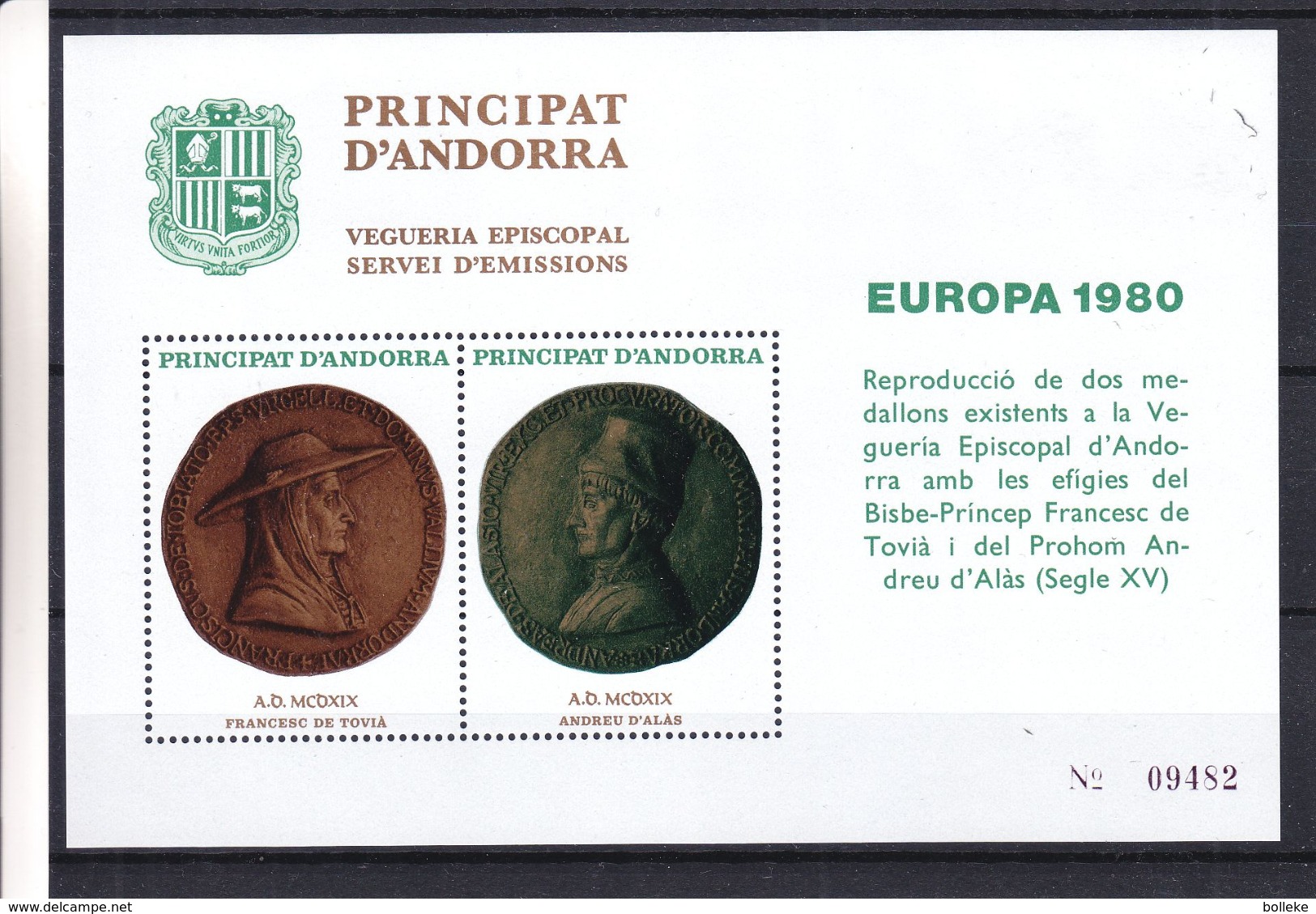 Andorre Espagnol - Bloc Europa  De 1980 ** - MNH - Médaillons - Armoiries - Viguerie Episcopale