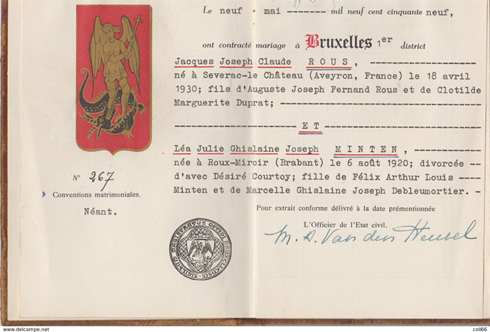 1959 Beau Carnet Mariage 1 Rouergat Trouwboekje Couverture Cuir Enluminure St Michel Et Dragon Timbres Fiscaux Bruxelles - Stamps