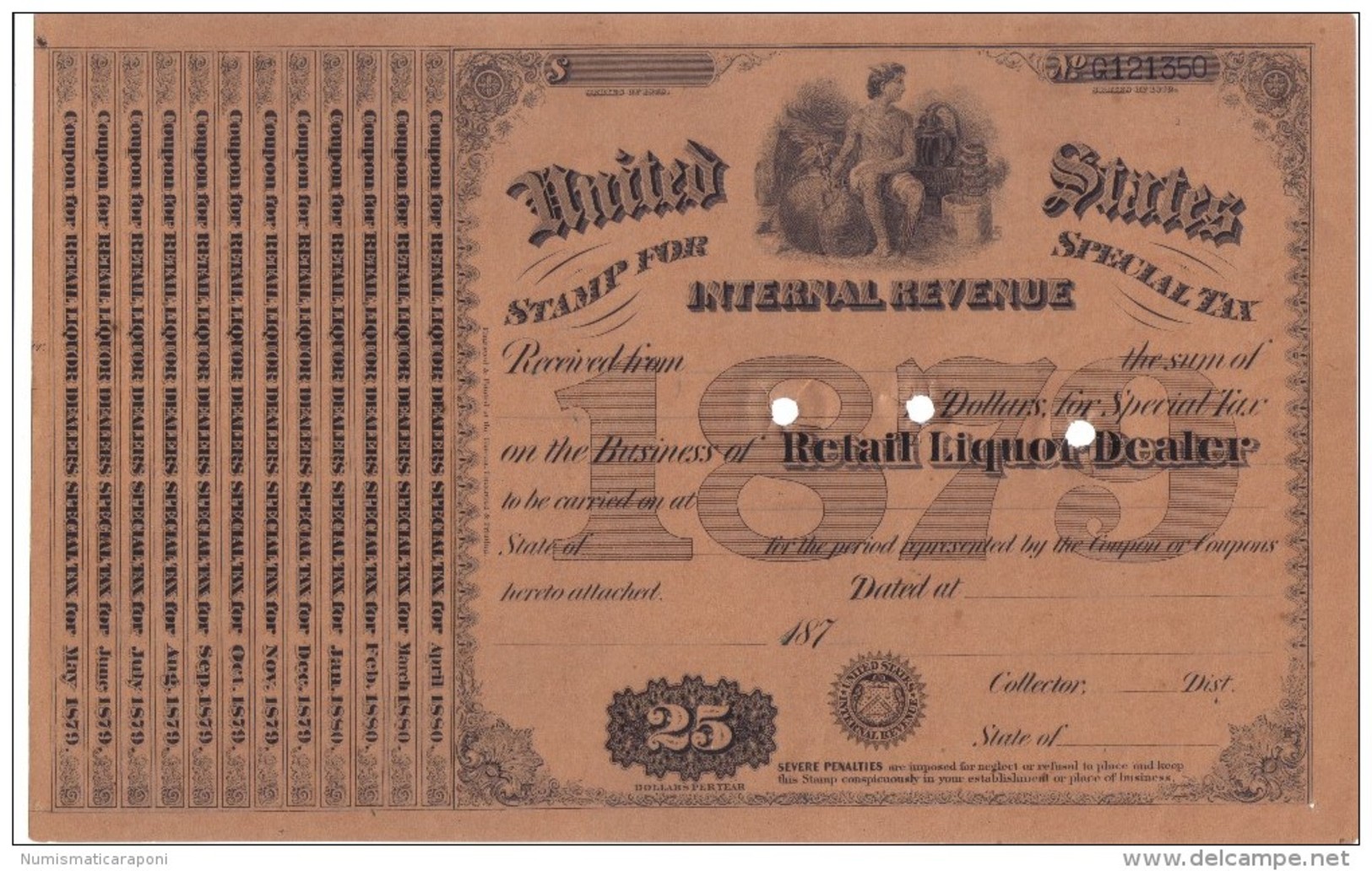 United States International Revenue Stamp For Special Tax Retail Liquor Dealer 25 $ 1879 Doc.130 - Stati Uniti