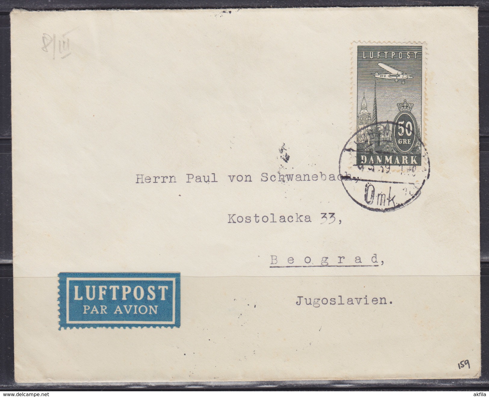 Denmark 1939 Air Mail (Airmail) Letter Sent To Beograd (Yugoslavie) - Airmail