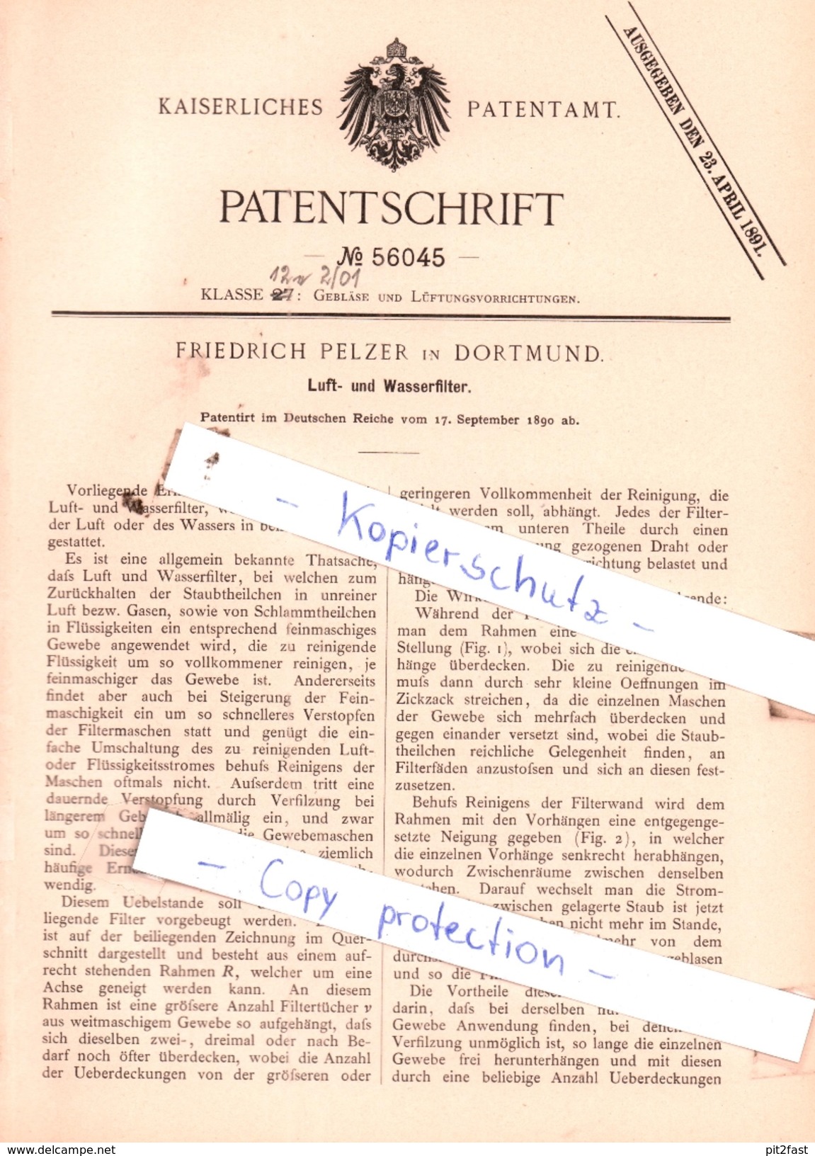 Original Patent -  Friedrich Pelzer In Dortmund , 1890 , Luft- Und Wasserfilter !!! - Historische Dokumente