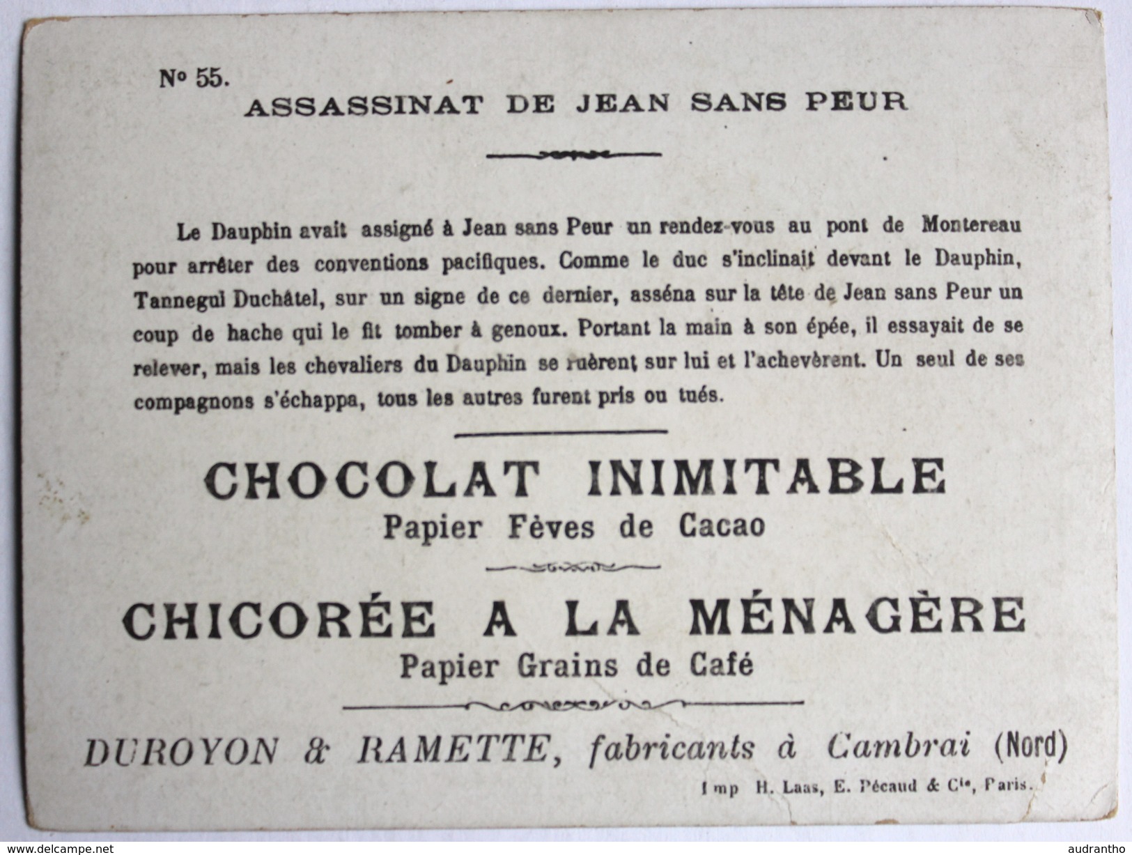 Chromo Chocolat Inimitable Duroyon Ramette Cambrai Assassinat Jean Sans Peur Chicorée à La Ménagère - Duroyon & Ramette