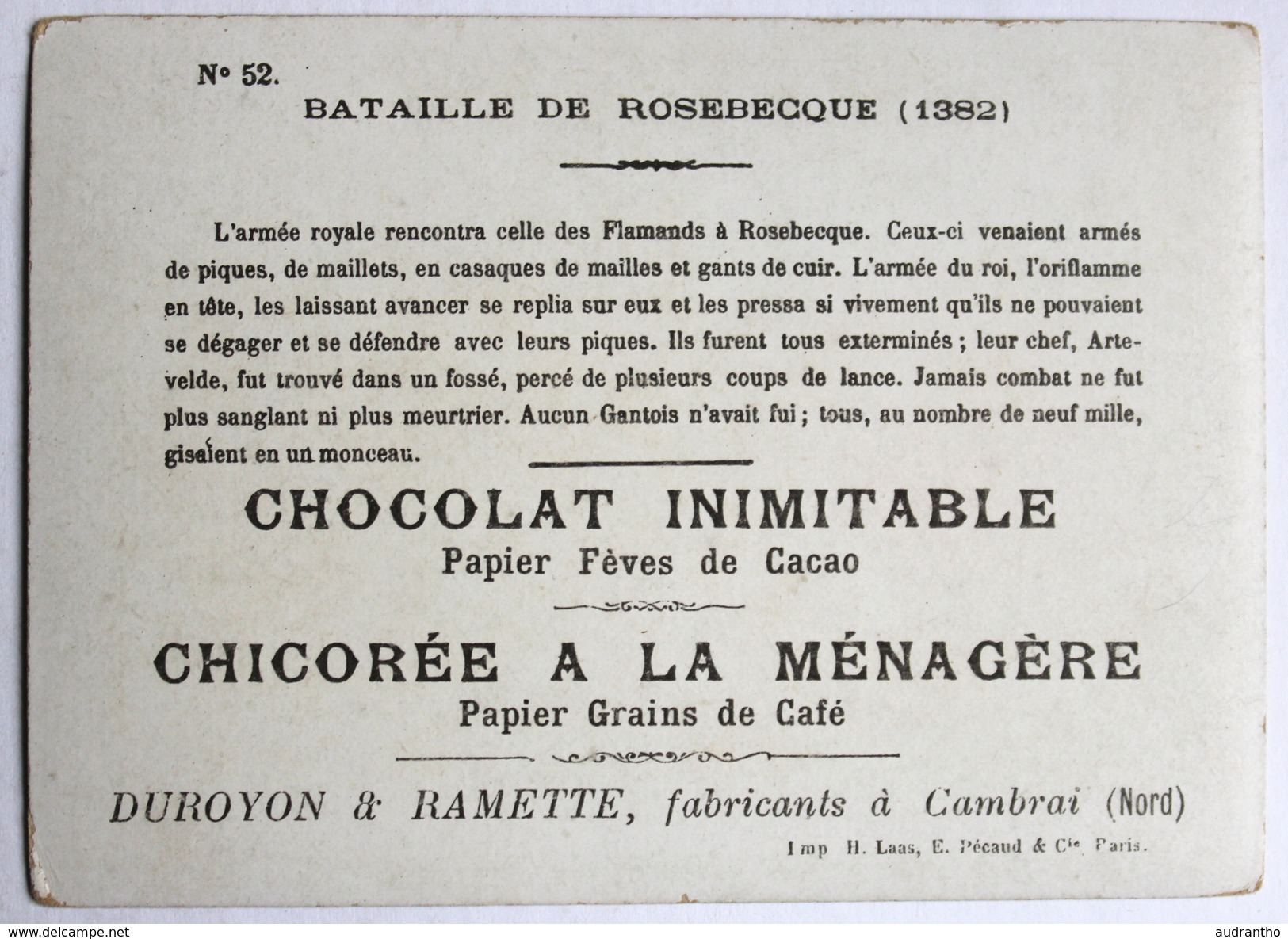 Chromo Chocolat Inimitable Duroyon Ramette Cambrai Bataille Rosebecque 1382 Chicorée à La Ménagère - Duroyon & Ramette