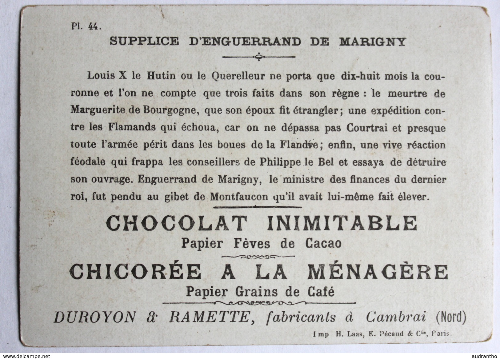 Chromo Chocolat Inimitable Duroyon Ramette Cambrai Supplice Enguerrand De Marigny Chicorée à La Ménagère - Duroyon & Ramette
