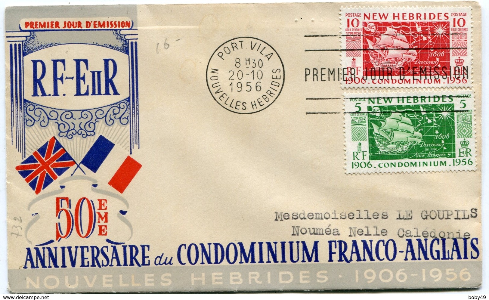 1 Ier Jour émission Du 20/10/1956 Sur Enveloppe Voyagée Arrivée NOUMEA - Lettres & Documents