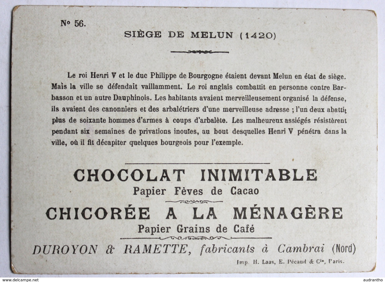 Chromo Chocolat Inimitable Duroyon Ramette Cambrai Siège De Melun Chicorée à La Ménagère - Duroyon & Ramette