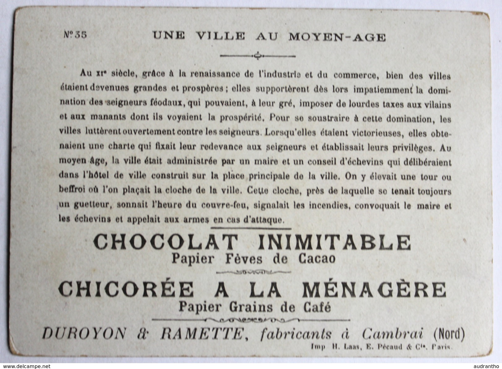 Chromo Chocolat Inimitable Duroyon Ramette Cambrai Ville Moyen Age Chicorée à La Ménagère - Duroyon & Ramette