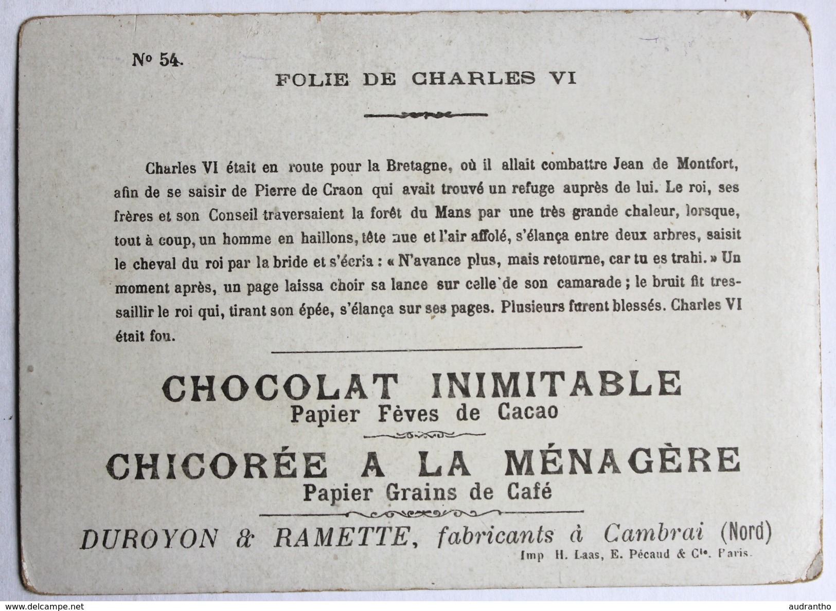 Chromo Chocolat Inimitable Duroyon Ramette Cambrai Folie Charles VI Chicorée à La Ménagère - Duroyon & Ramette