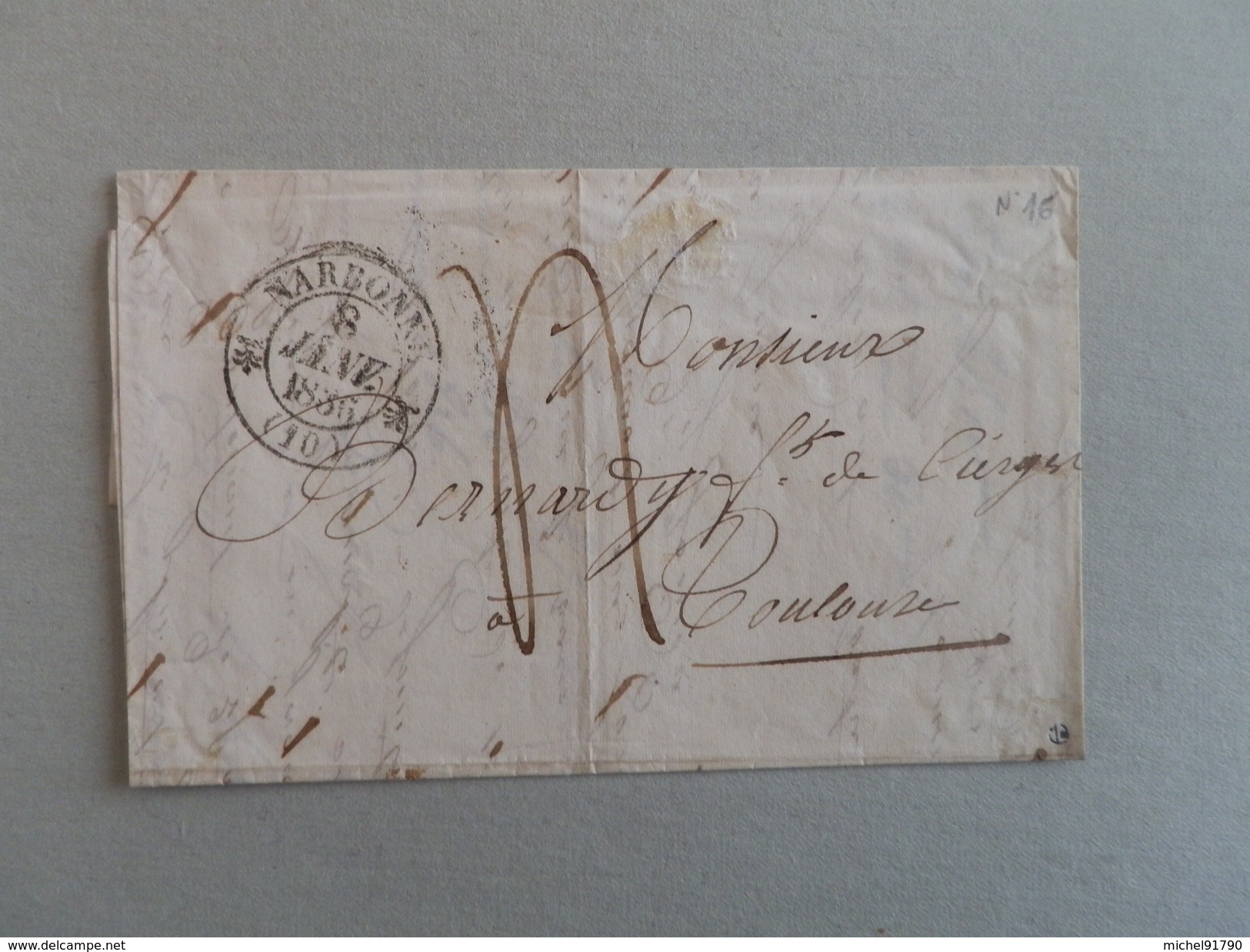 MARQUE POSTALE DE NARBONNE A TOULOUSE DU 08 JANVIER 1836 - 1801-1848: Precursores XIX