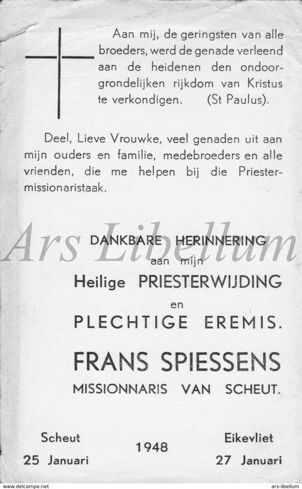 Gedachtenisprentje / Dankbare Herinnering Priesterwijding / Frans Spiessens / Missionnaris / Scheut / Eikevliet / 1948 - Religion & Esotericism