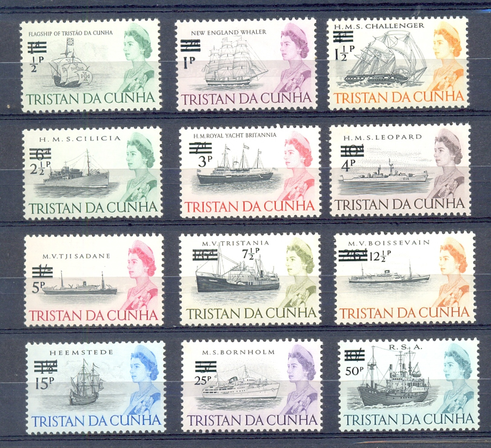 TRISTAN DA CUNHA SERIE 12v DEFINITIVES 1971 OVERPRINT SURCHARGED 1965 STAMPS * SAILING SHIPS BATEAUX BRITANNIA * MNH - Boten