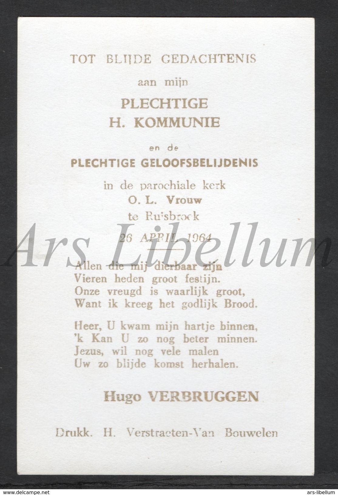 Communieprentje / Communie / Communion / 2 Scans / 1964 / Ruisbroek Sauvegarde / Puurs / Hugo Verbruggen - Communion