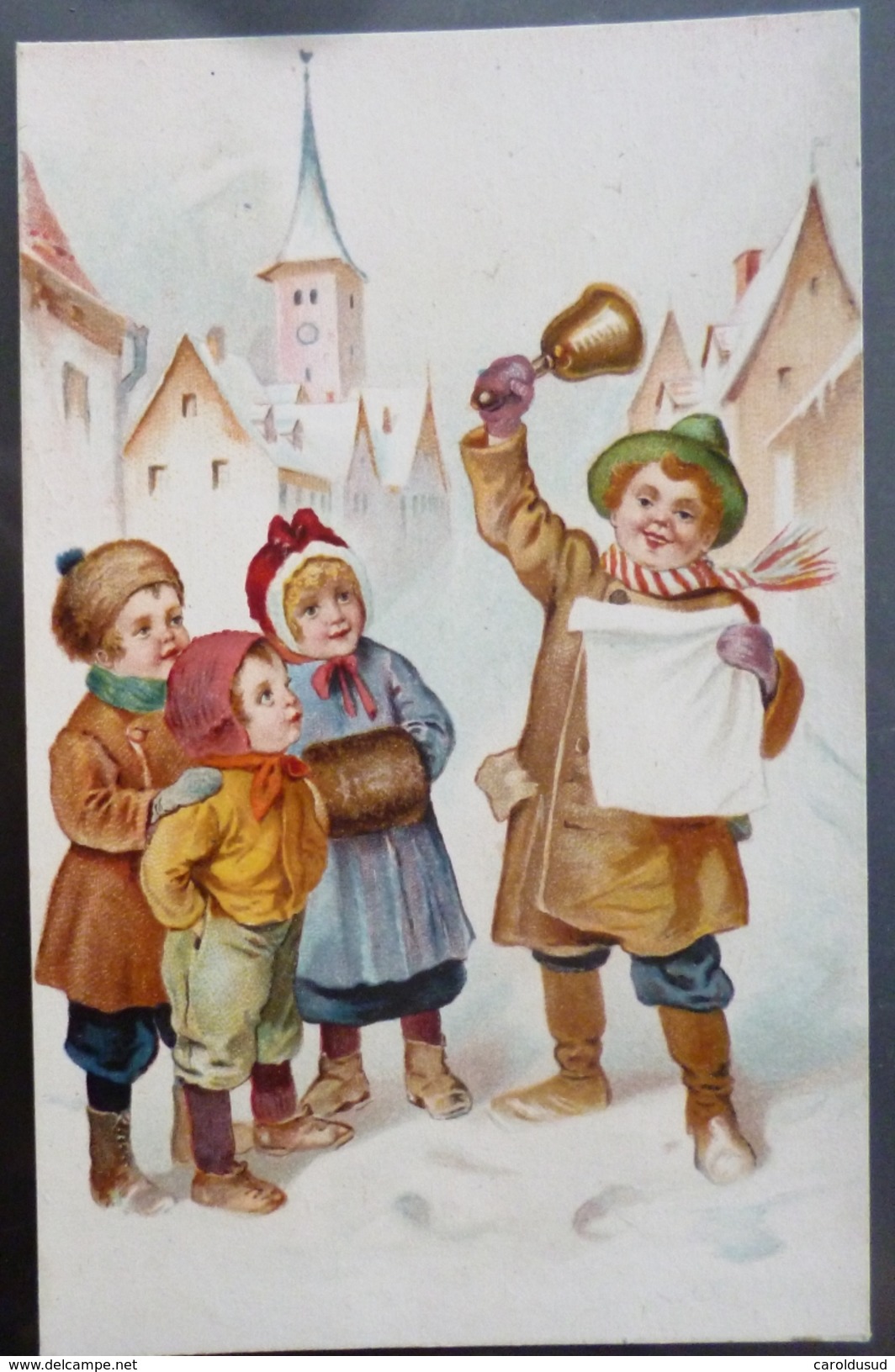 Cpa Litho Couleur ILLUSTRATEUR Style Arthur THIELE ? NS Enfants Enfant Garcon Sonnant Cloche Papier Discours Avis Neige - Thiele, Arthur