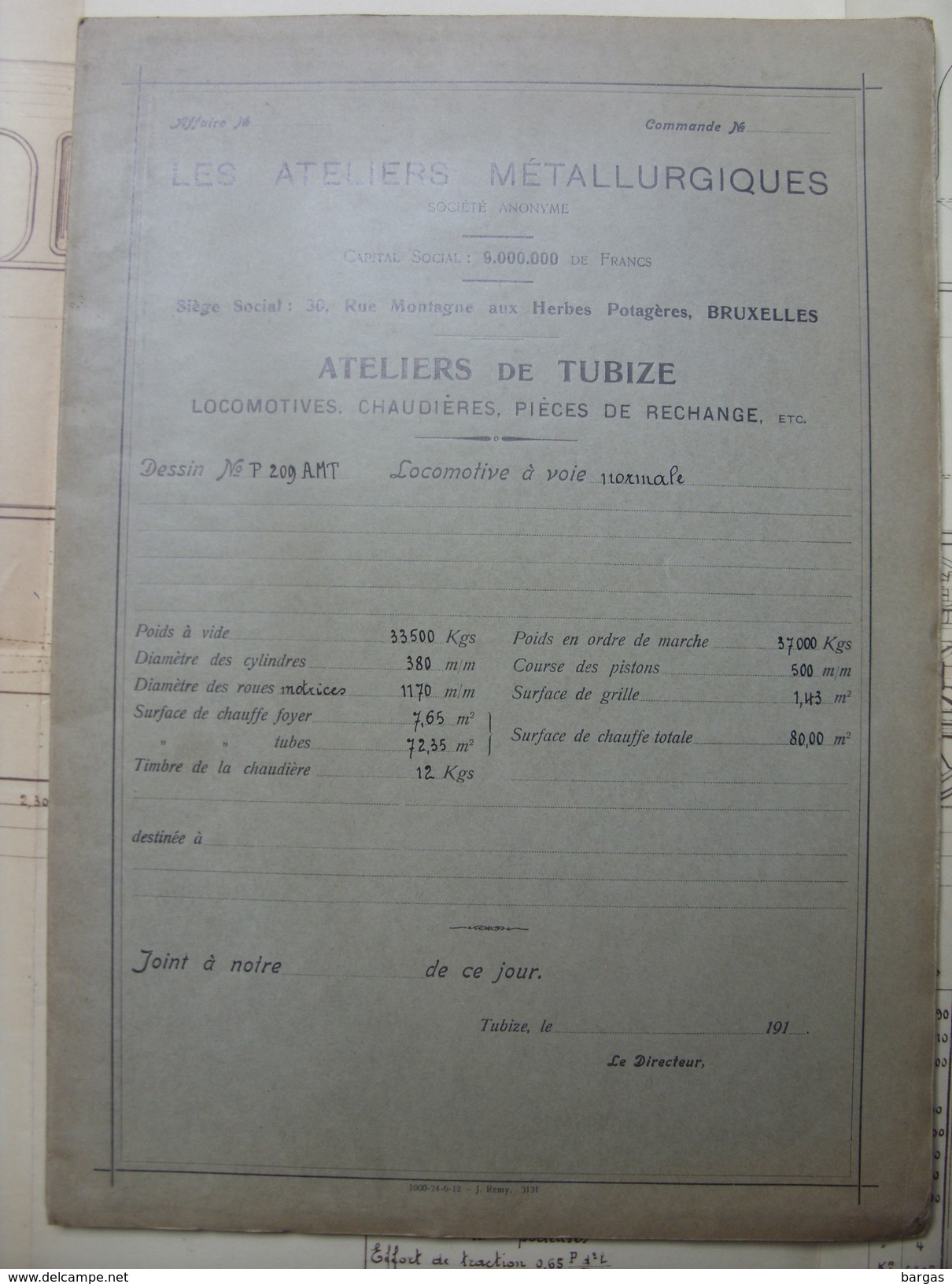 Beau Plan Des Ateliers De Tubize Nivelles Train Locomotive Avec Tender Pour Voie Normale - Chemin De Fer