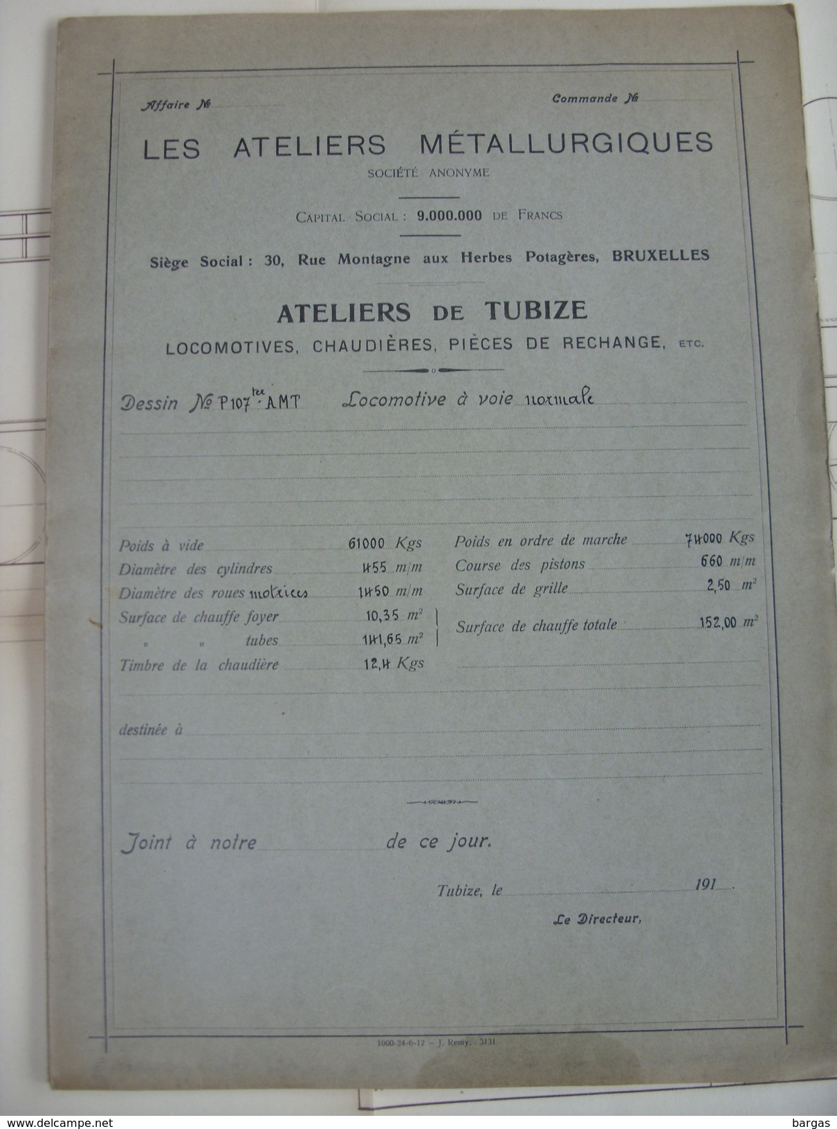 Beau Plan Des Ateliers De Tubize Nivelles Train Locomotive à Simple Expansion Pour Voie Normale - Chemin De Fer