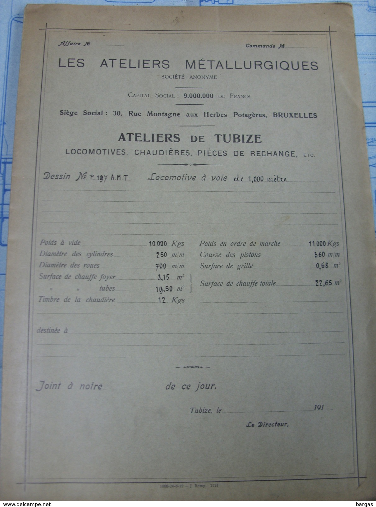 Beau Plan Des Ateliers De Tubize Nivelles Train Locomotive De 10T à Tender Séparé - Spoorweg