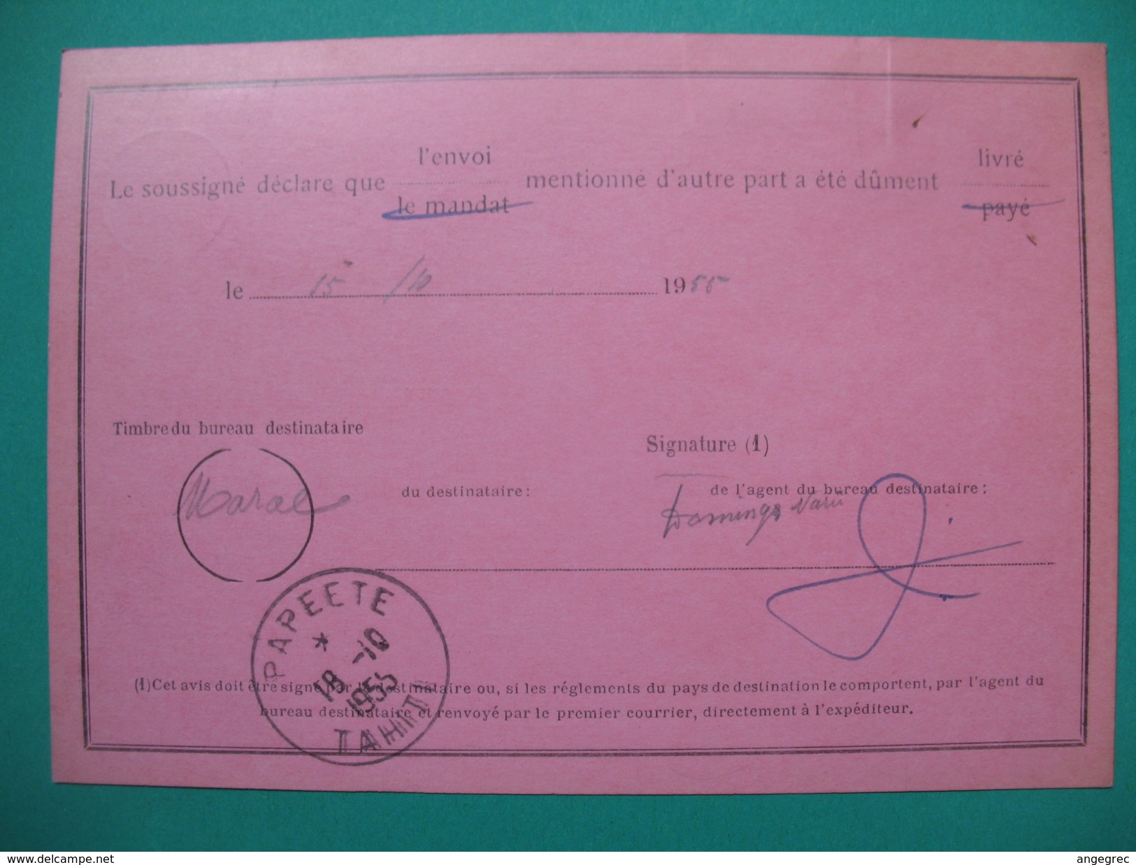 Océanie  Avis De Réception Recommandé De Papeete  à   Mahaena - Lettres & Documents