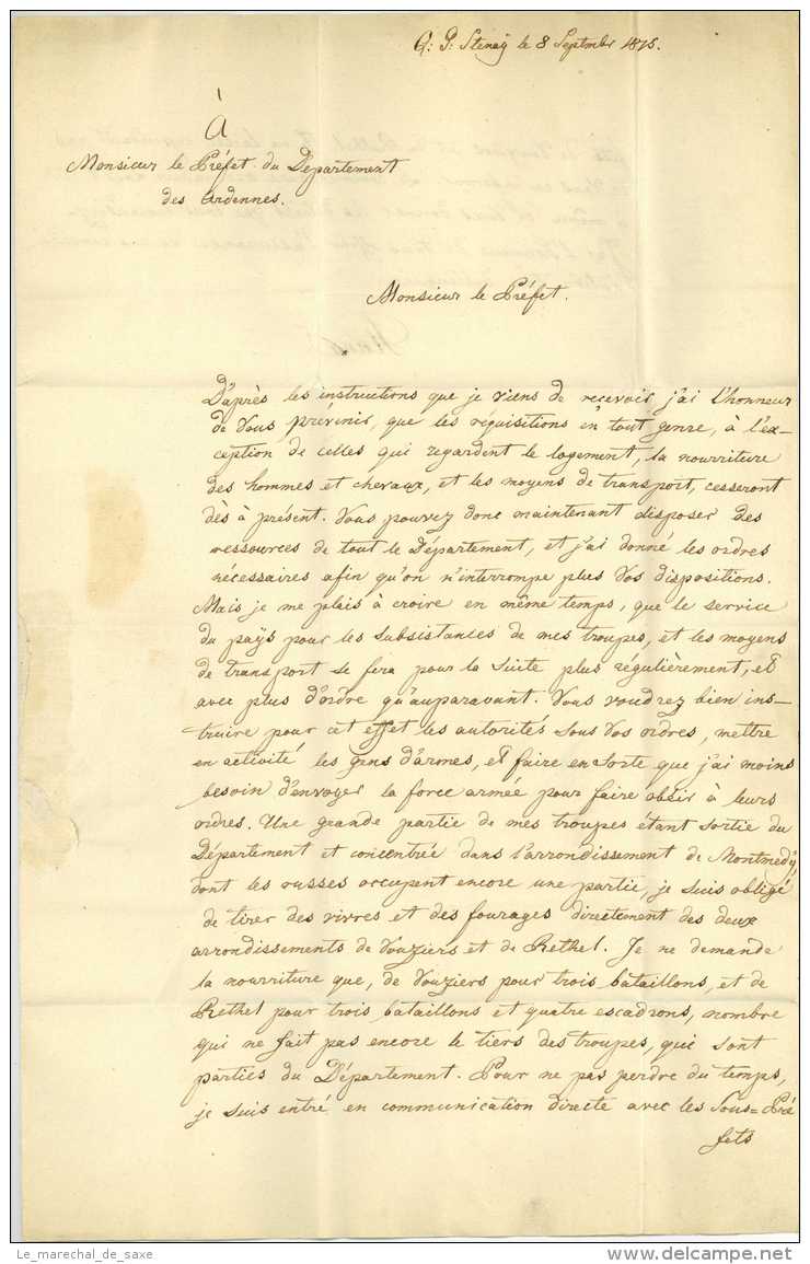 ARMEE PRUSSIENNE EN FRANCE 1815 - Stenay - General von HAKE (1769-1835) - Mezieres subsistance logements