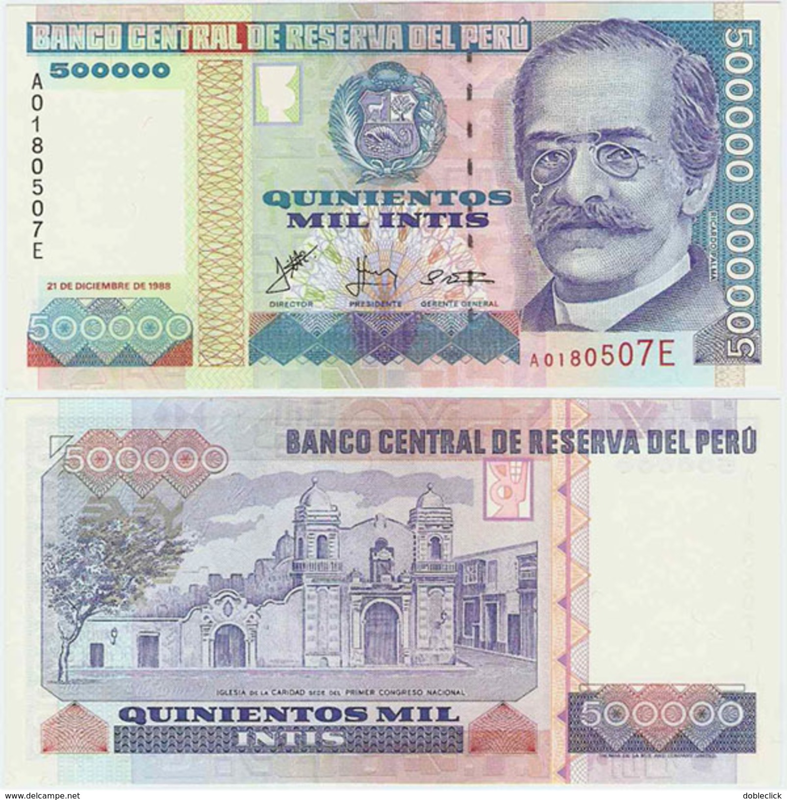 PERU - SCARCE 500 000 500000 INTIS NOTE W/ SILVER THREAD 1988 - UNC - Pérou