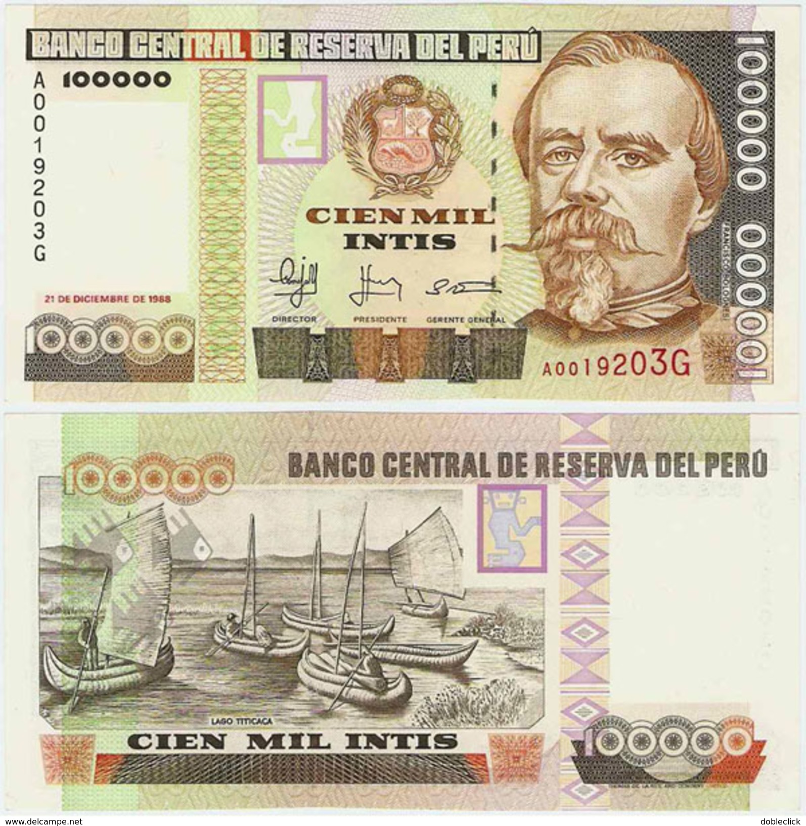 PERU - SCARCE 100 000 100000 INTIS NOTE W/ SILVER THREAD 1988 - UNC - Pérou