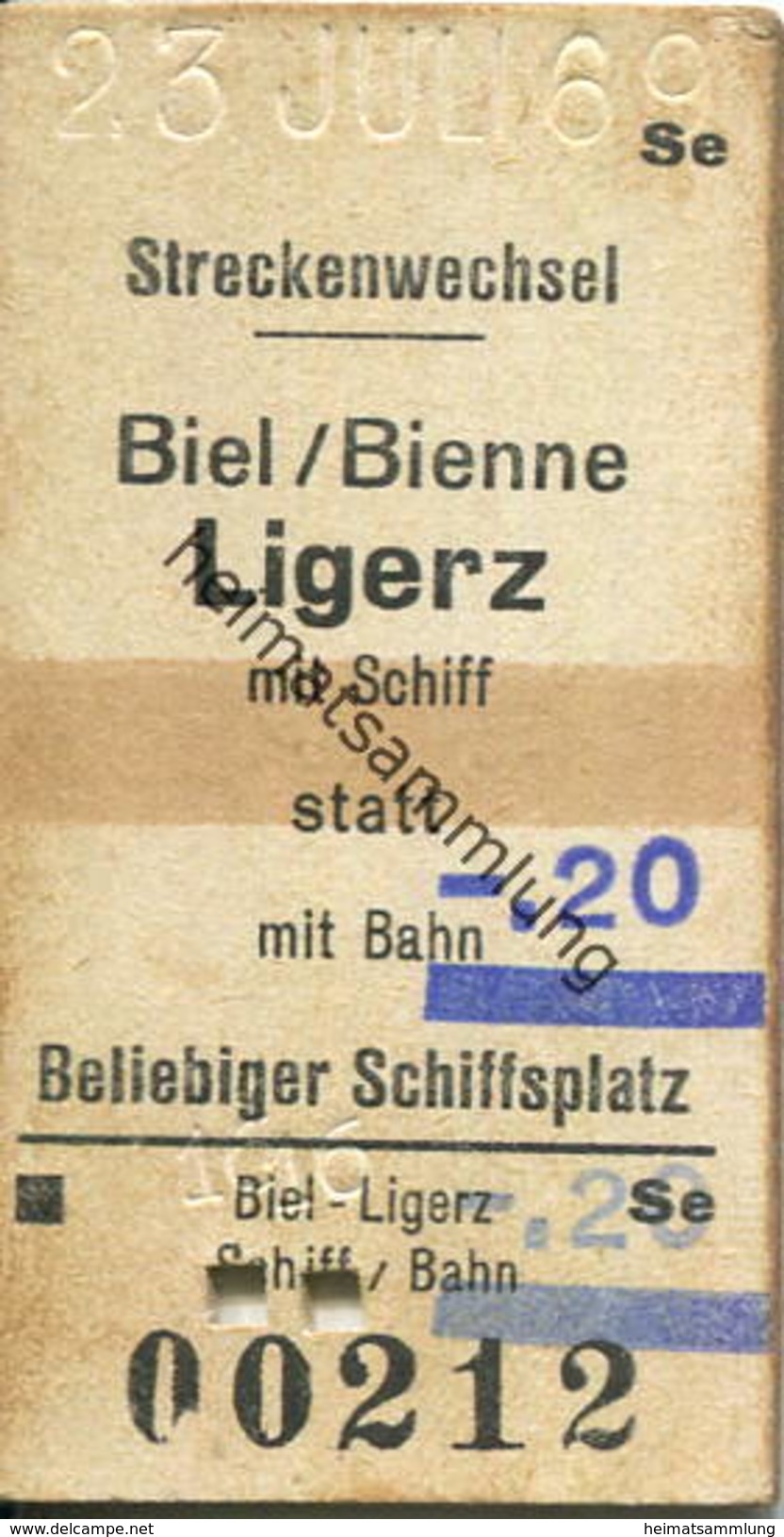 Schweiz - Streckenwechsel Biel Ligerz Mit Schiff Statt Mit Bahn - Fahrkarte 1969 - Europa