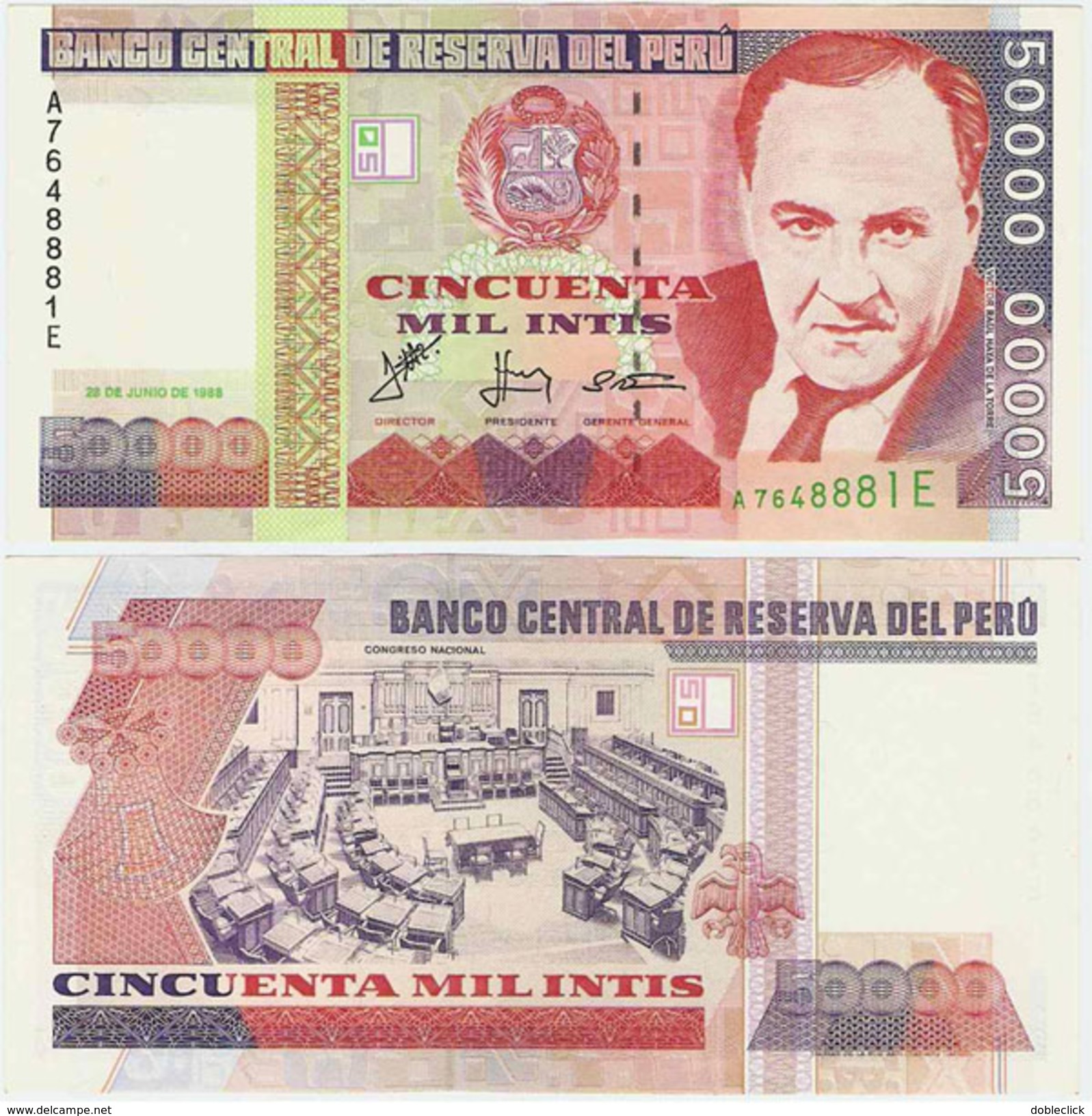 PERU - SCARCE 50 000 50000 INTIS NOTE W/ SILVER THREAD 1988 - UNC - Pérou