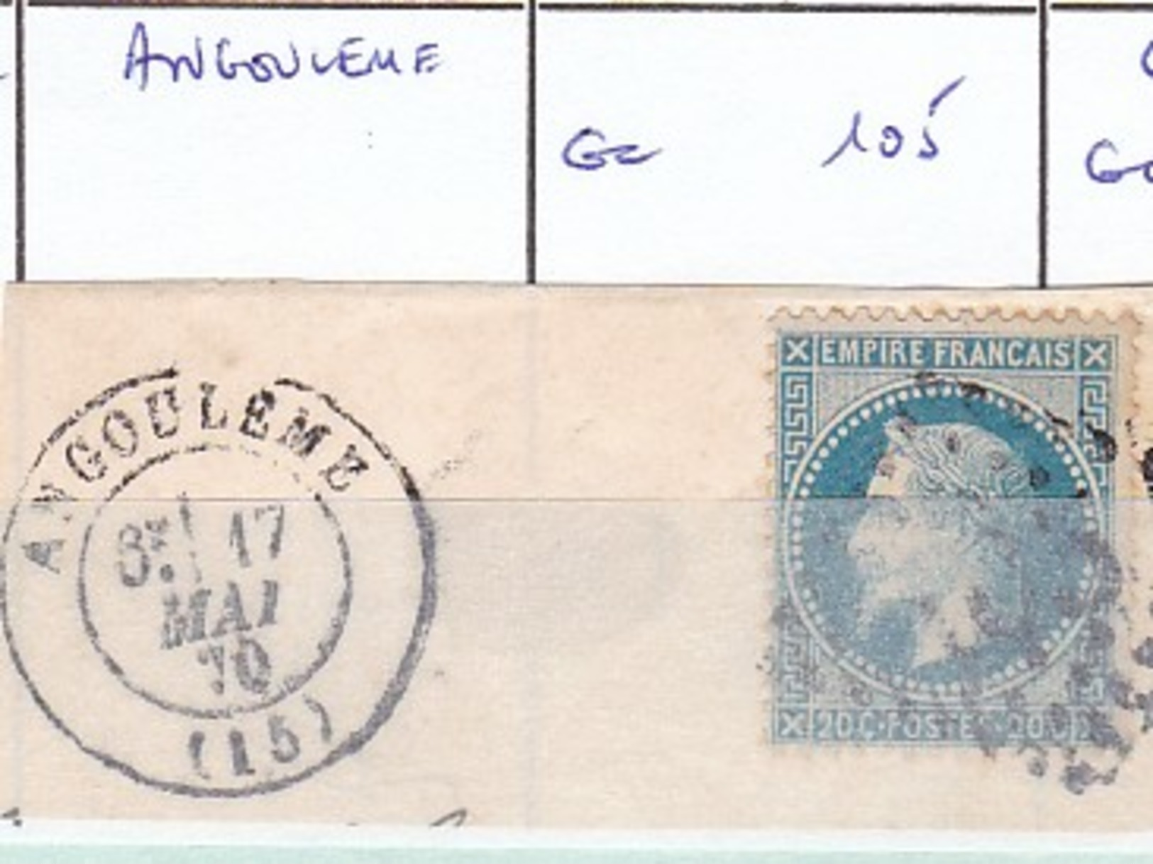 CHARENTE - S/29 - 20c Bleu - Napoleon III Lauré  - Oblit  GC  105  (    Angouleme ) - Autres & Non Classés