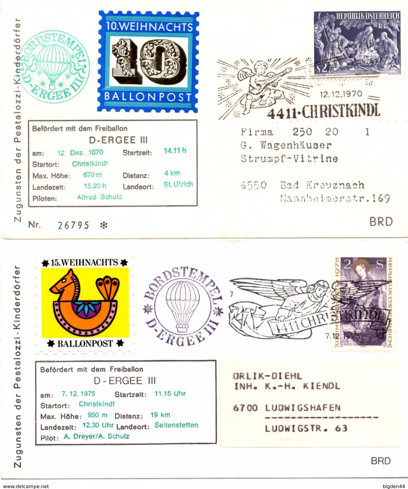 4 Lettres_Ballon Post_ERGEE III_Weihnachts Christkindel 1969, 1970,1971,1975_Autriche - Europe