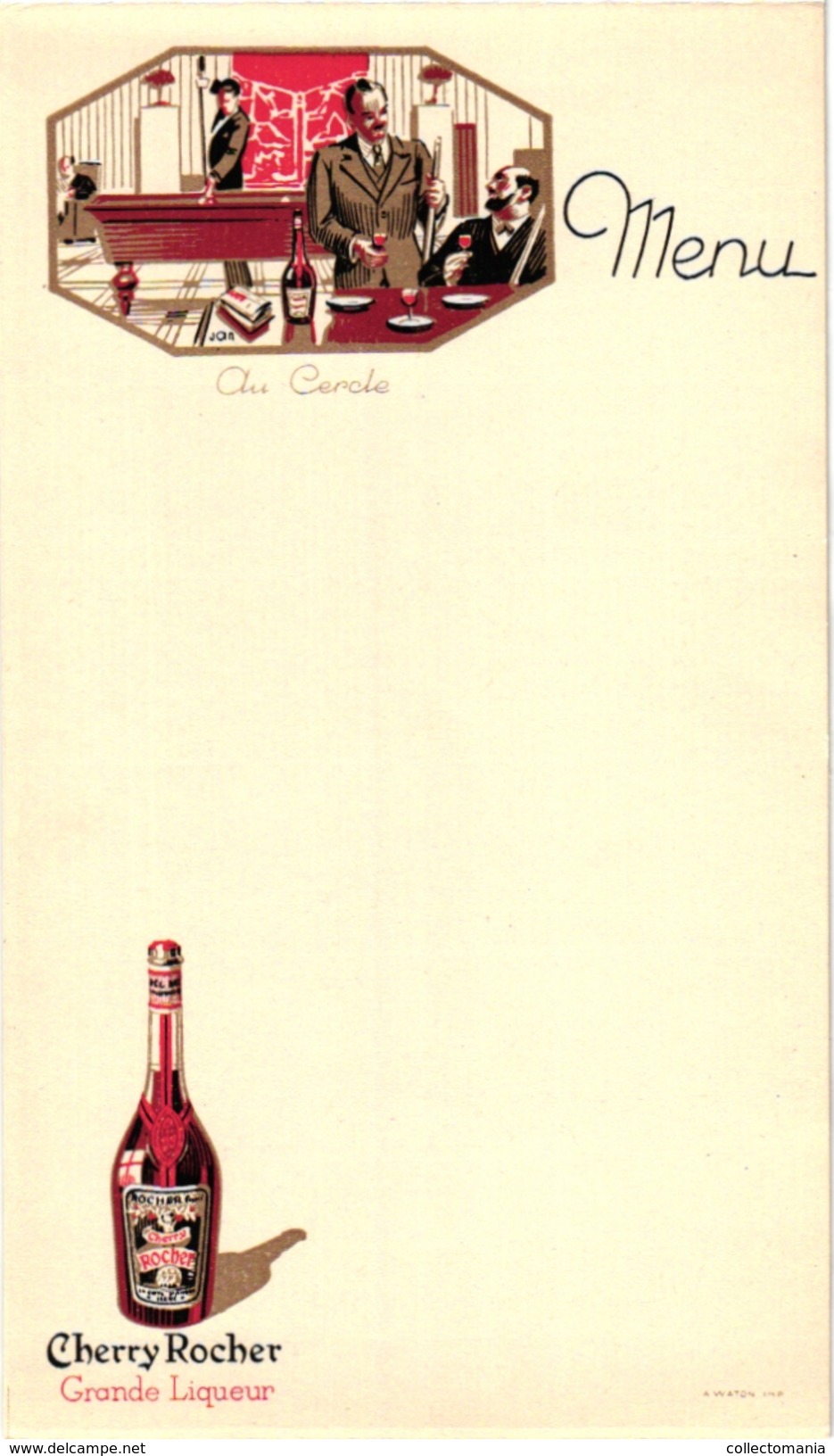 Anno 1930  MENU CARD Pub Cherry Rocher Biljart Billiards Billard Imp Watton  Illustr Jan - Menus
